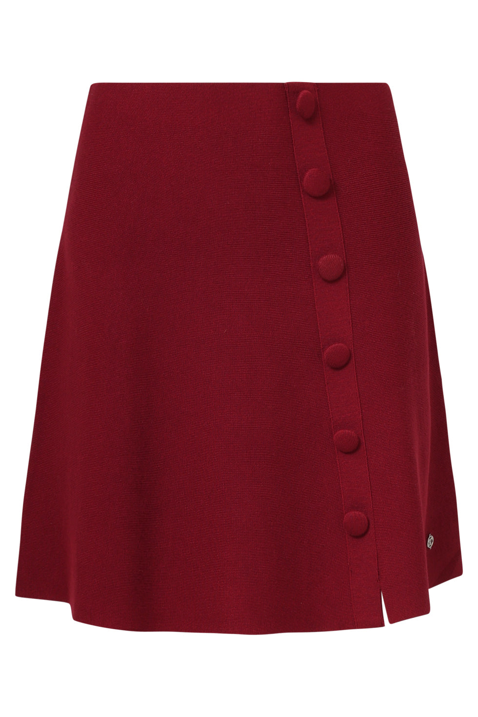Smashed Lemon knit skirt in deep bordeaux with A-line silhouette, decorative side buttons and subtle slit, front view
