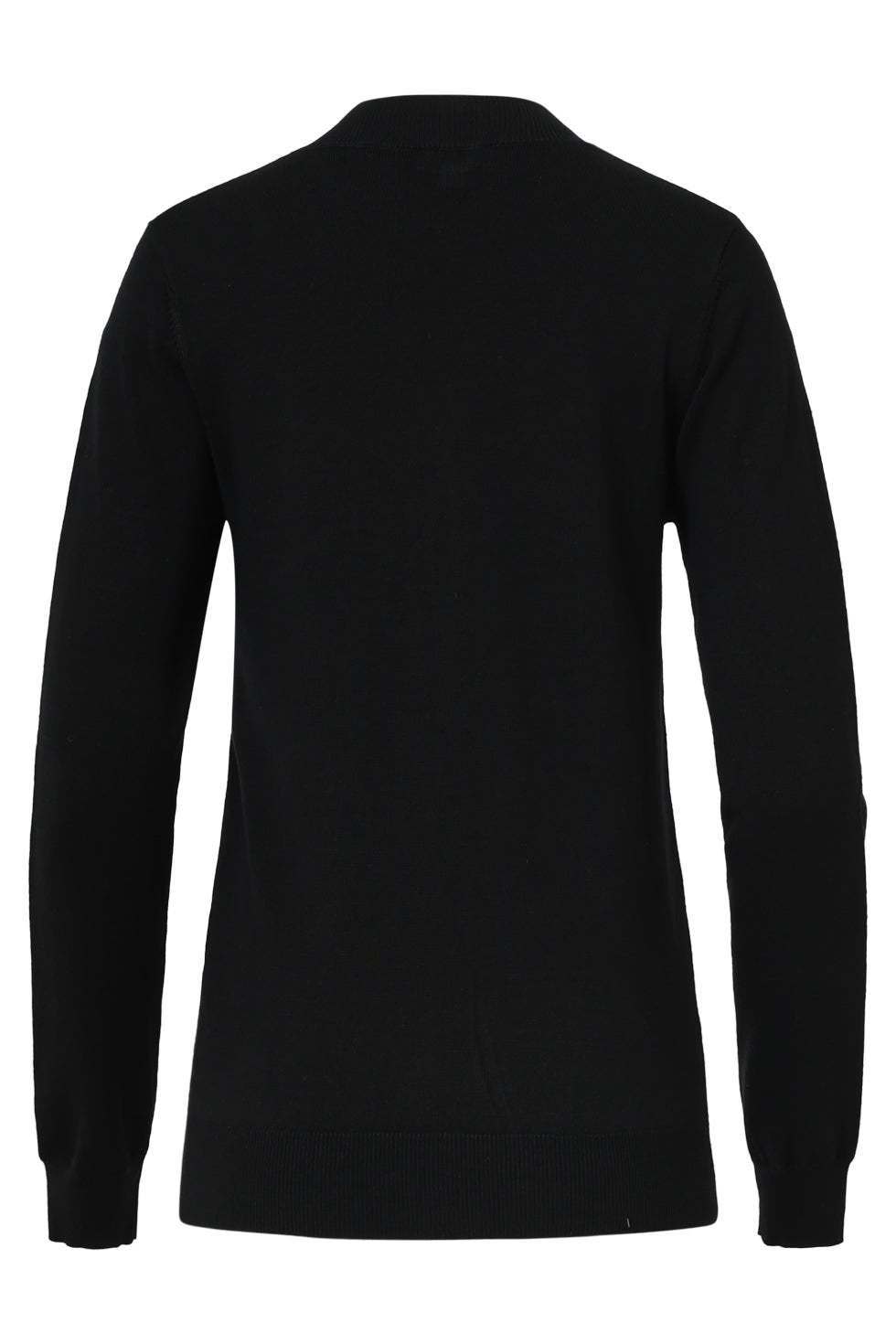 A Smashed Lemon knit top in black featuring a high neckline, long sleeves, and decorative shoulder buttons for a clean, modern, and versatile look.
