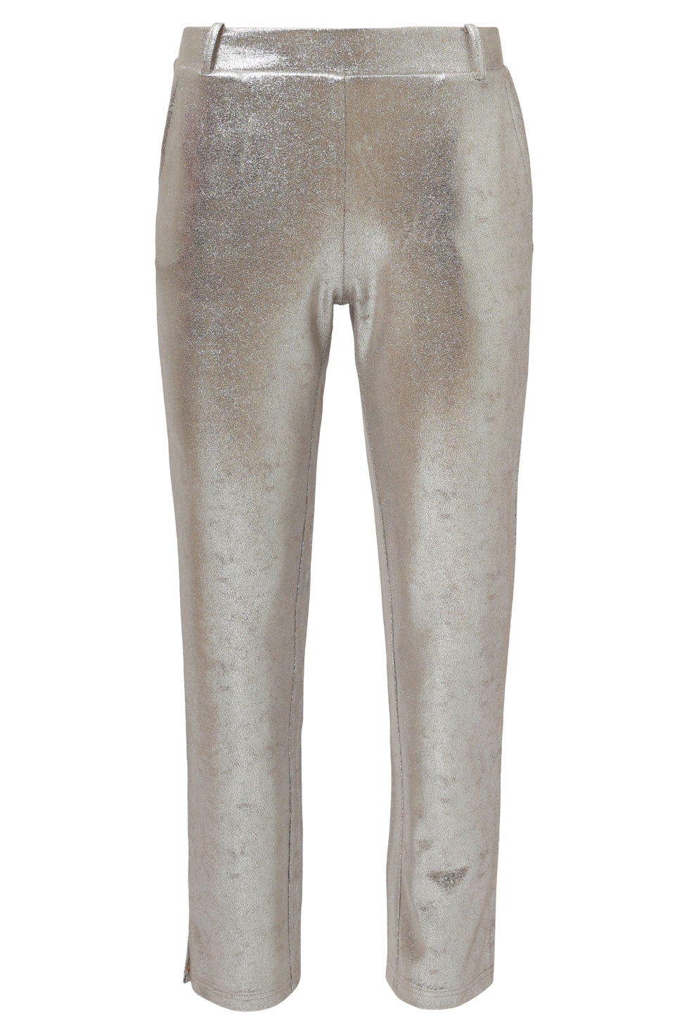 A pair of Smashed Lemon slim fit pants in a bold metallic silver finish, featuring a streamlined silhouette and high-shine surface for a modern, statement look.