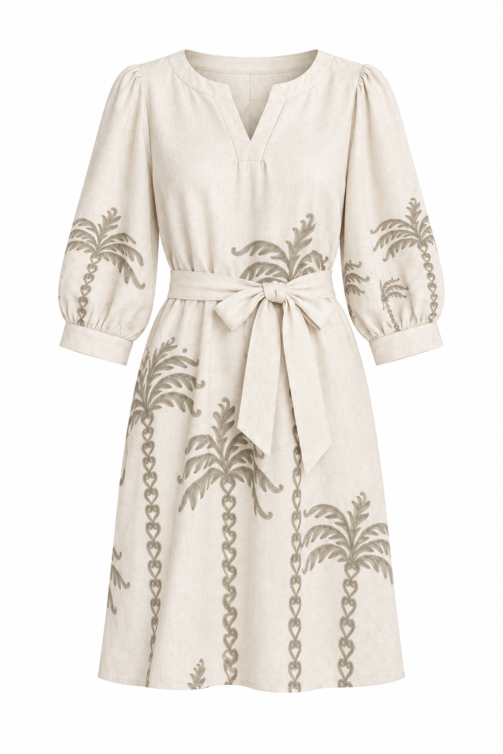 Smashed Lemon off white shift dress with sage palm tree design and tie belt, flat front view