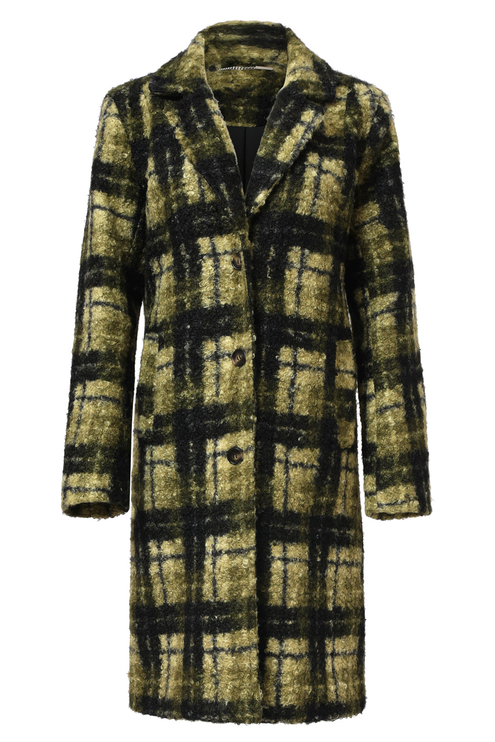 Smashed Lemon textured plaid coat in army green and yellow-green, knee-length with notch lapel collar and button front, front view