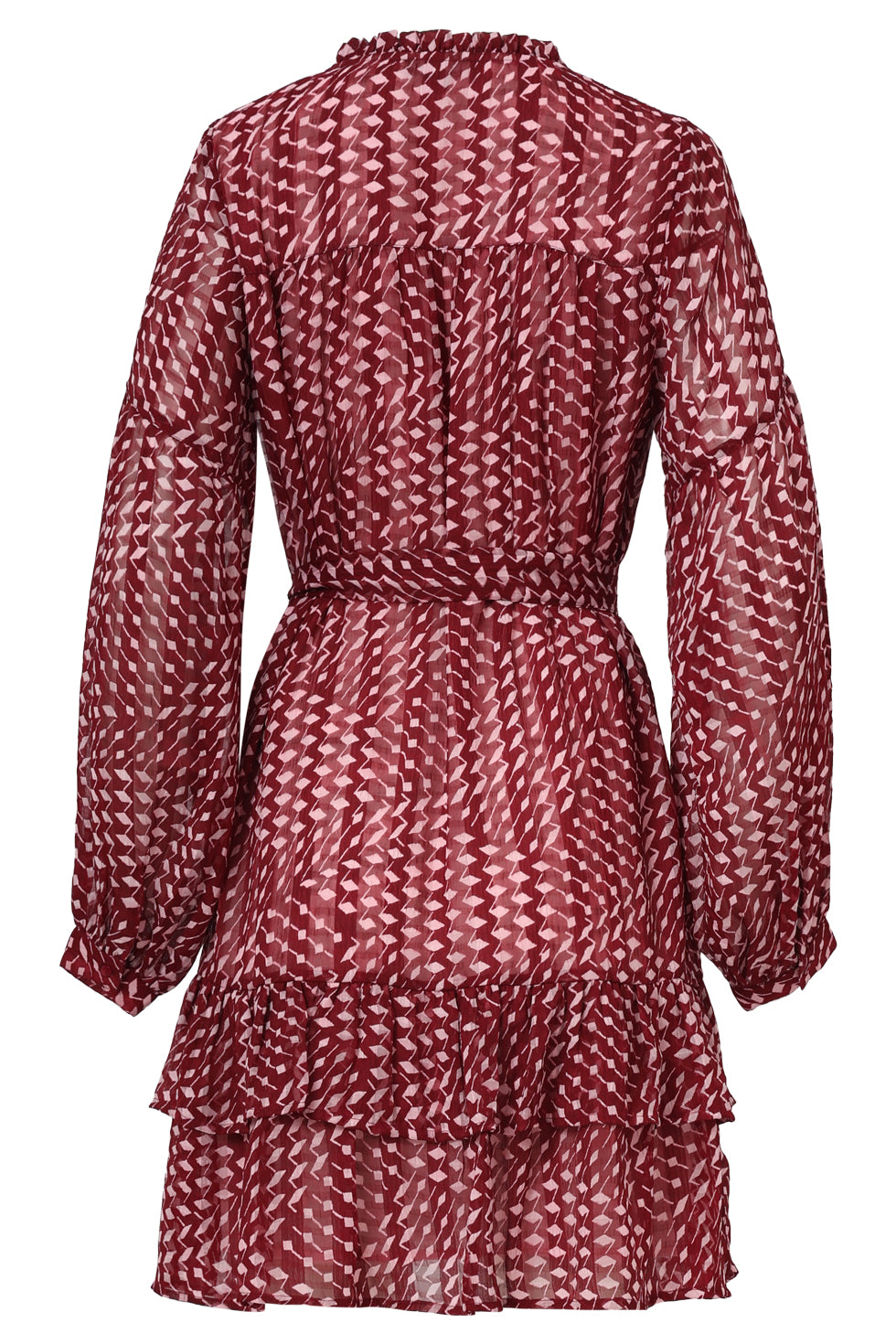 Smashed Lemon tiered chiffon dress in bordeaux and baby pink geometric print, long sleeves and tiered ruffle skirt, back view