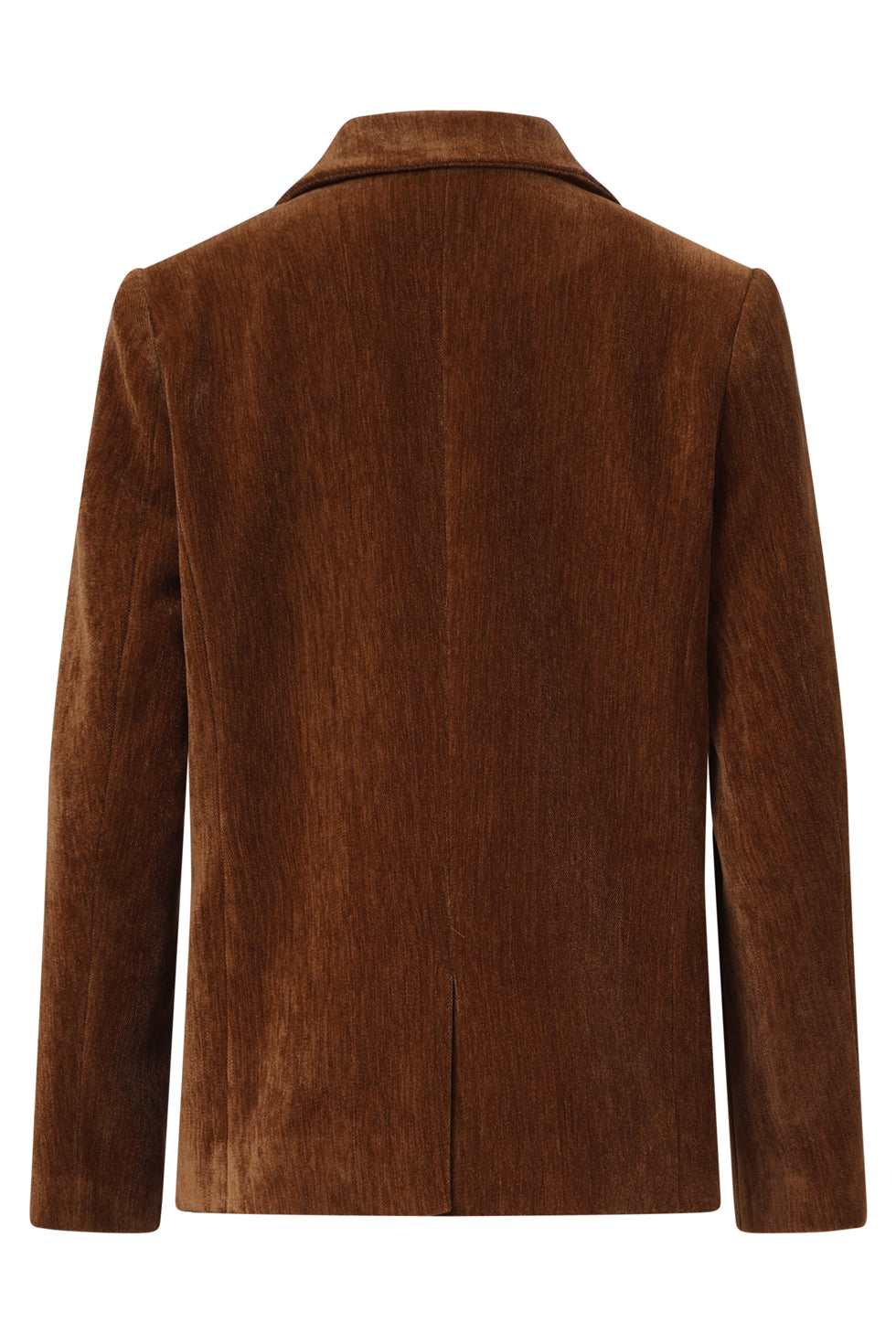 Smashed Lemon velvet blazer in rich brown, tailored single-button silhouette with structured lapels, back view