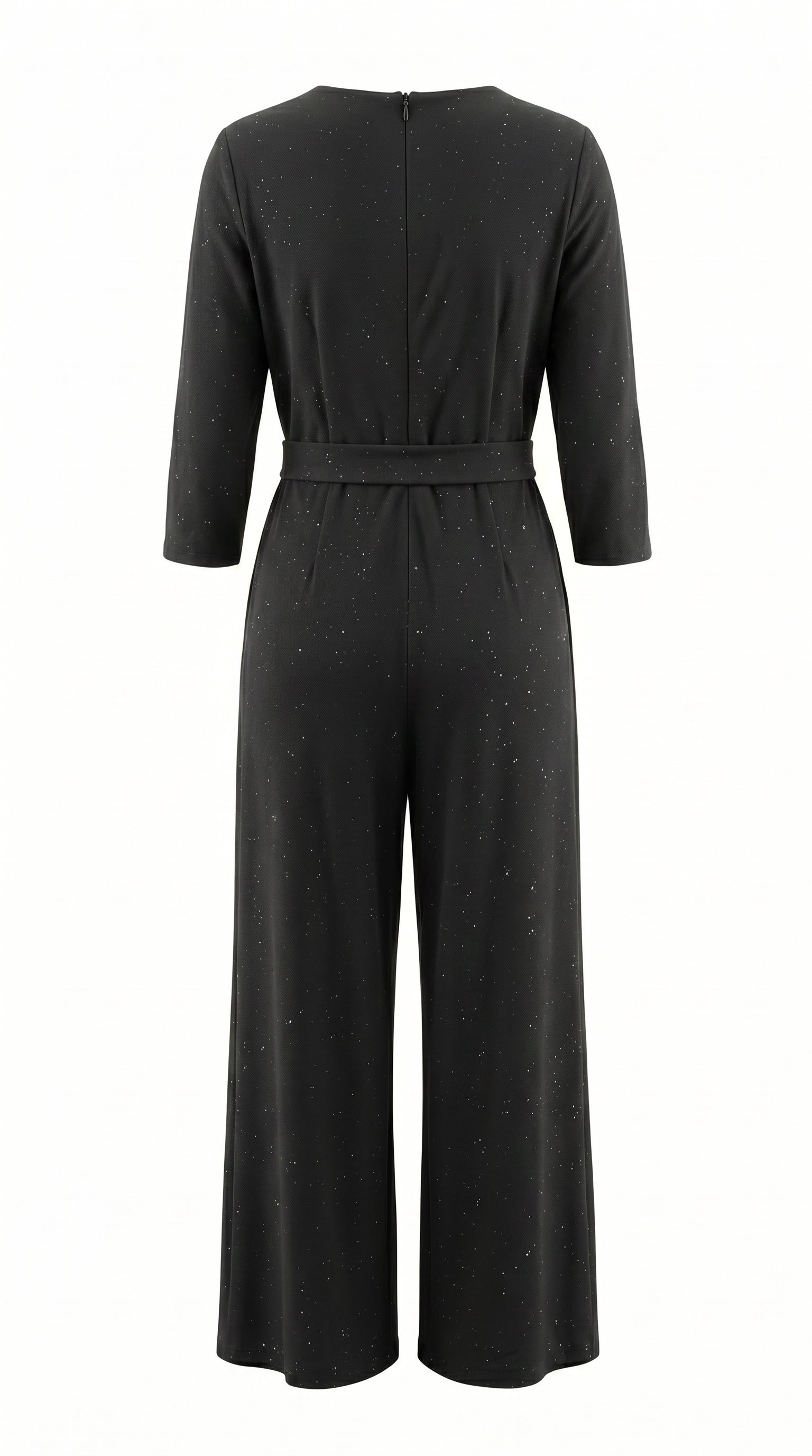 Smashed Lemon wrap jumpsuit in black with three-quarter sleeves and wide leg, back view