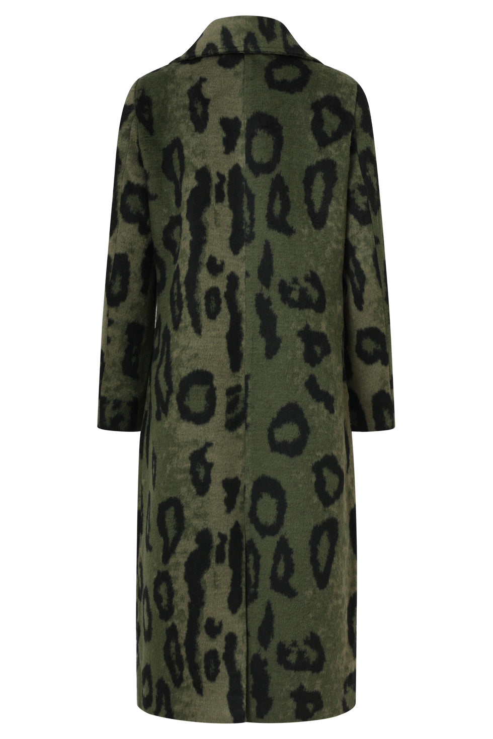 Smashed Lemon long coat in army green and black leopard print, double-breasted, back view