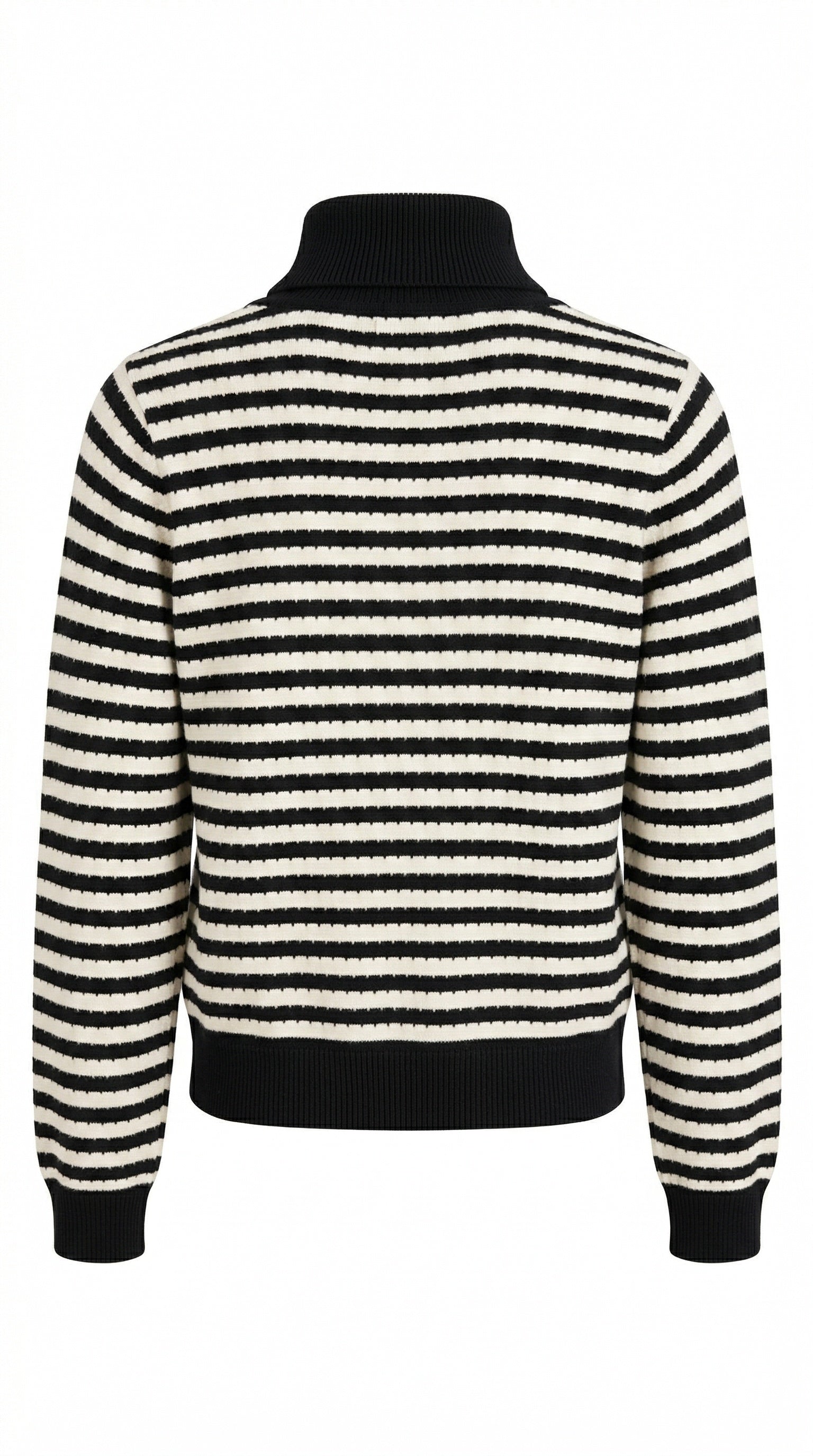 Smashed Lemon turtleneck knit top in black and off-white stripe, cropped fitted silhouette with long sleeves, back view