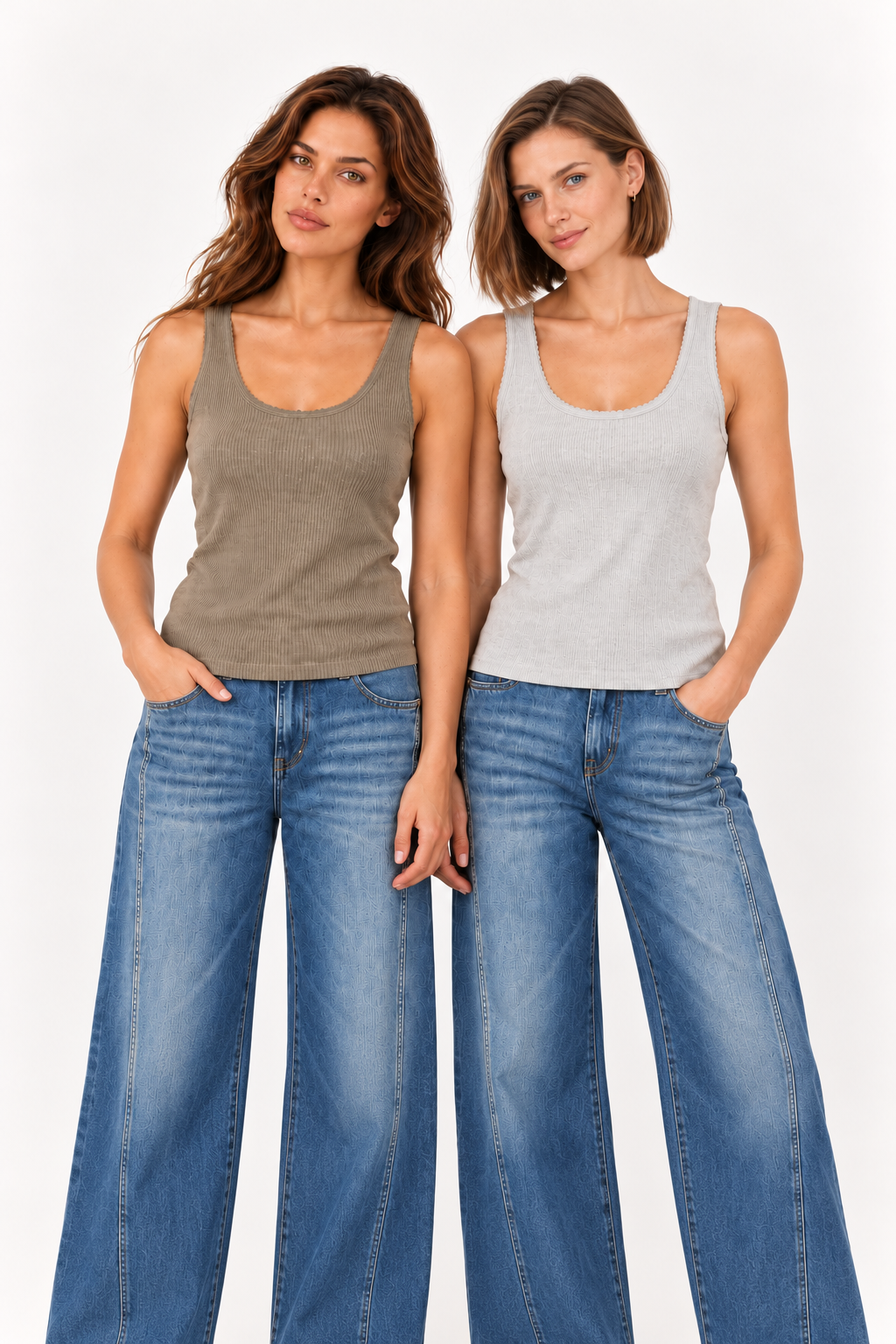 Two models wearing the YAYA Rib Singlet with Fancy Edge in Khaki Green Melange and Mist Green Melange with Le Temps des Cerises Lauryn wide leg jeans