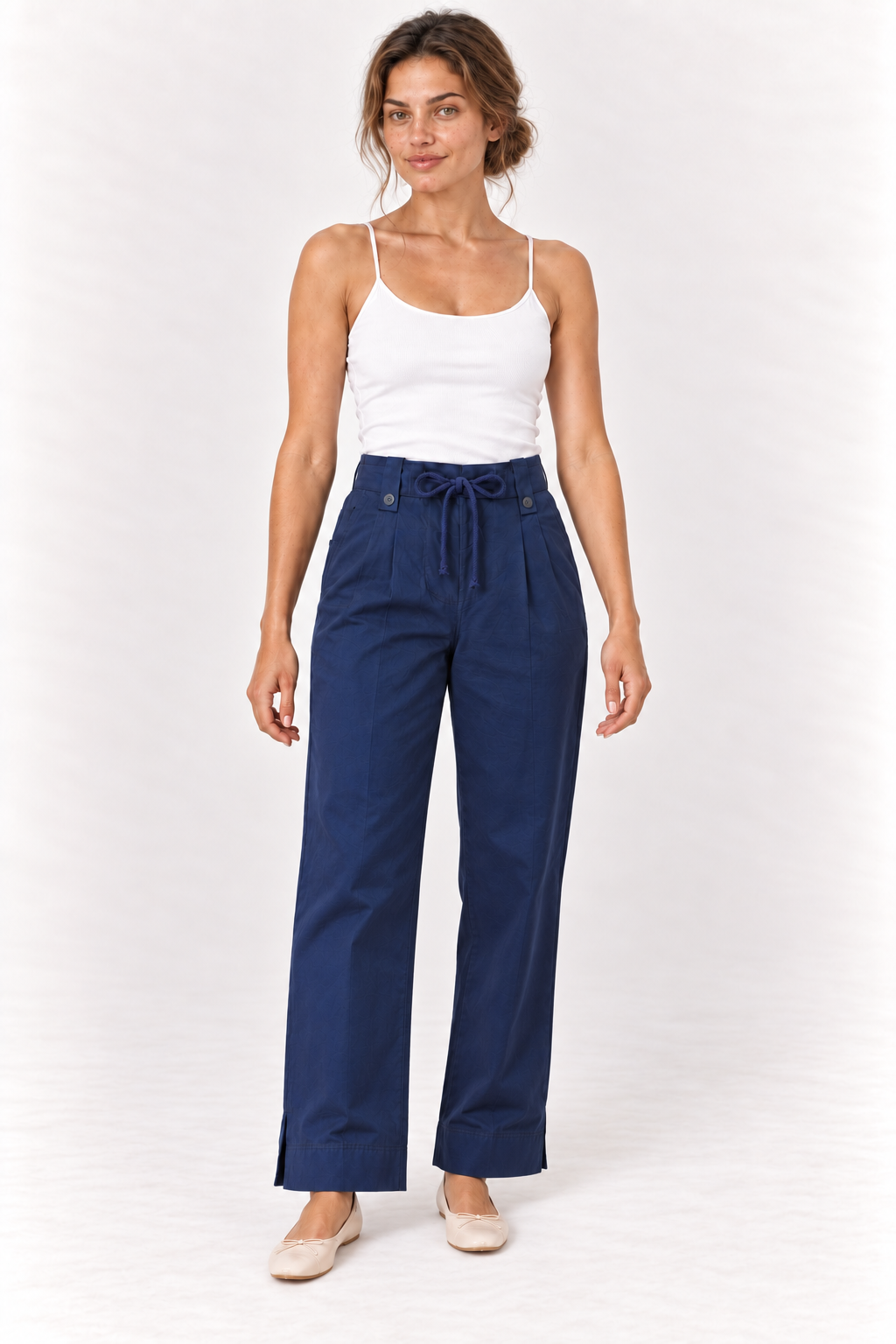 Model wearing the YAYA Drawstring Wide Leg Trousers in Navy Blazer Blue, front view #Colour_Dark Blue