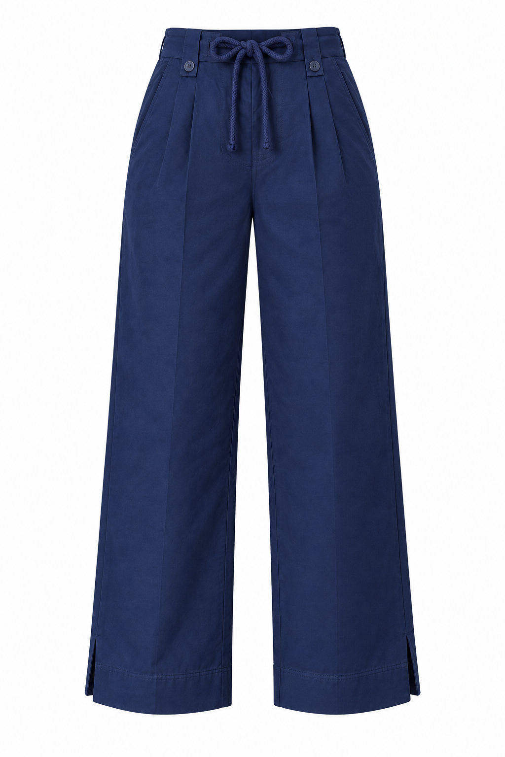 YAYA Drawstring Wide Leg Trousers in Navy Blazer Blue, flat front view showing the drawstring waist and front pleats #Colour_Dark Blue