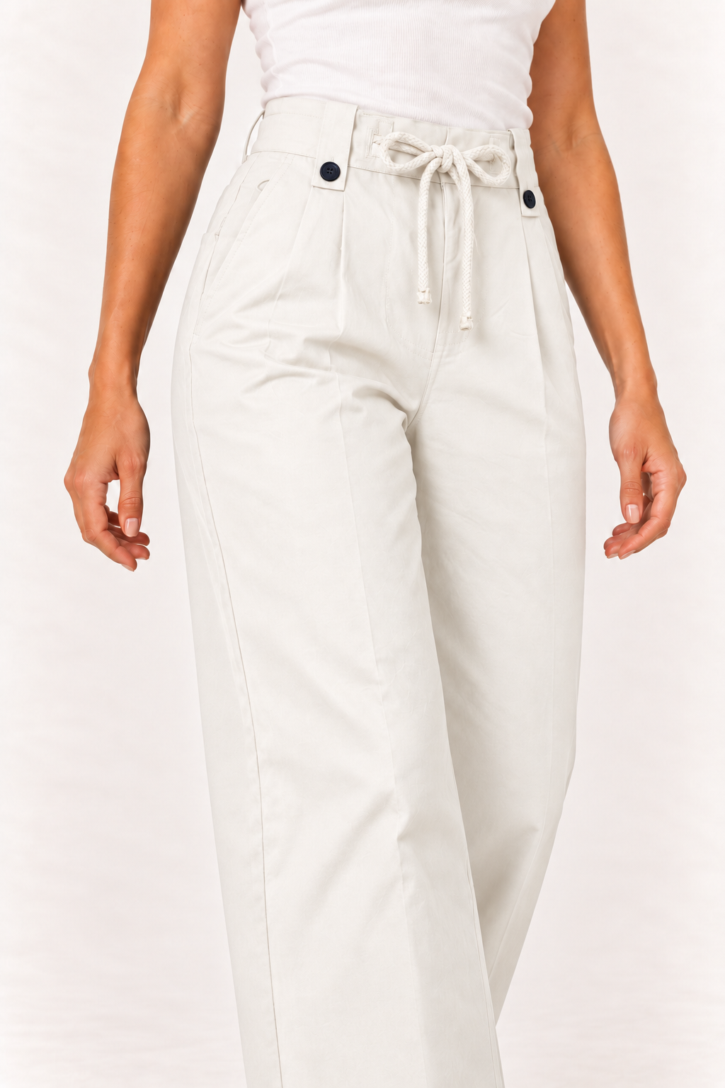 Close up of the drawstring waist on the YAYA Drawstring Wide Leg Trousers in Off White #Colour_White