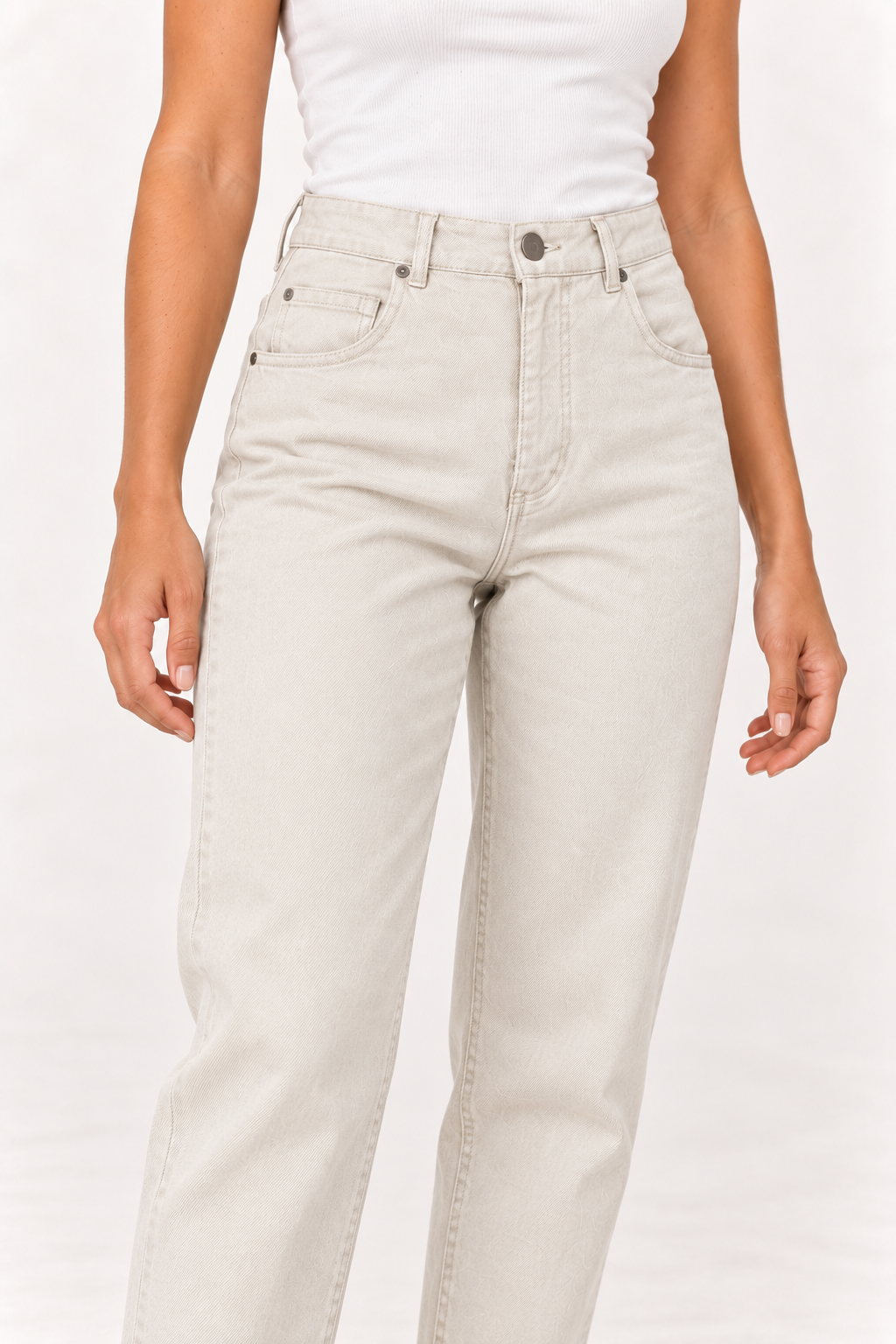 Close up detail of the YAYA Tapered Leg Denim in Sandstone Beige