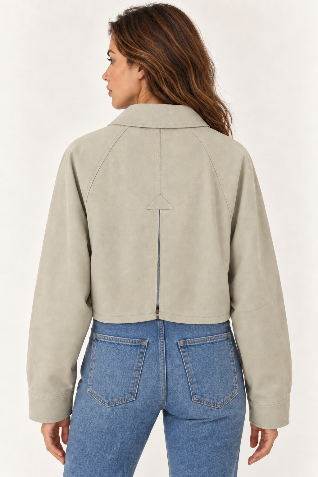Model wearing the YAYA Point Collar Cropped Jacket in Khaki Green, back view