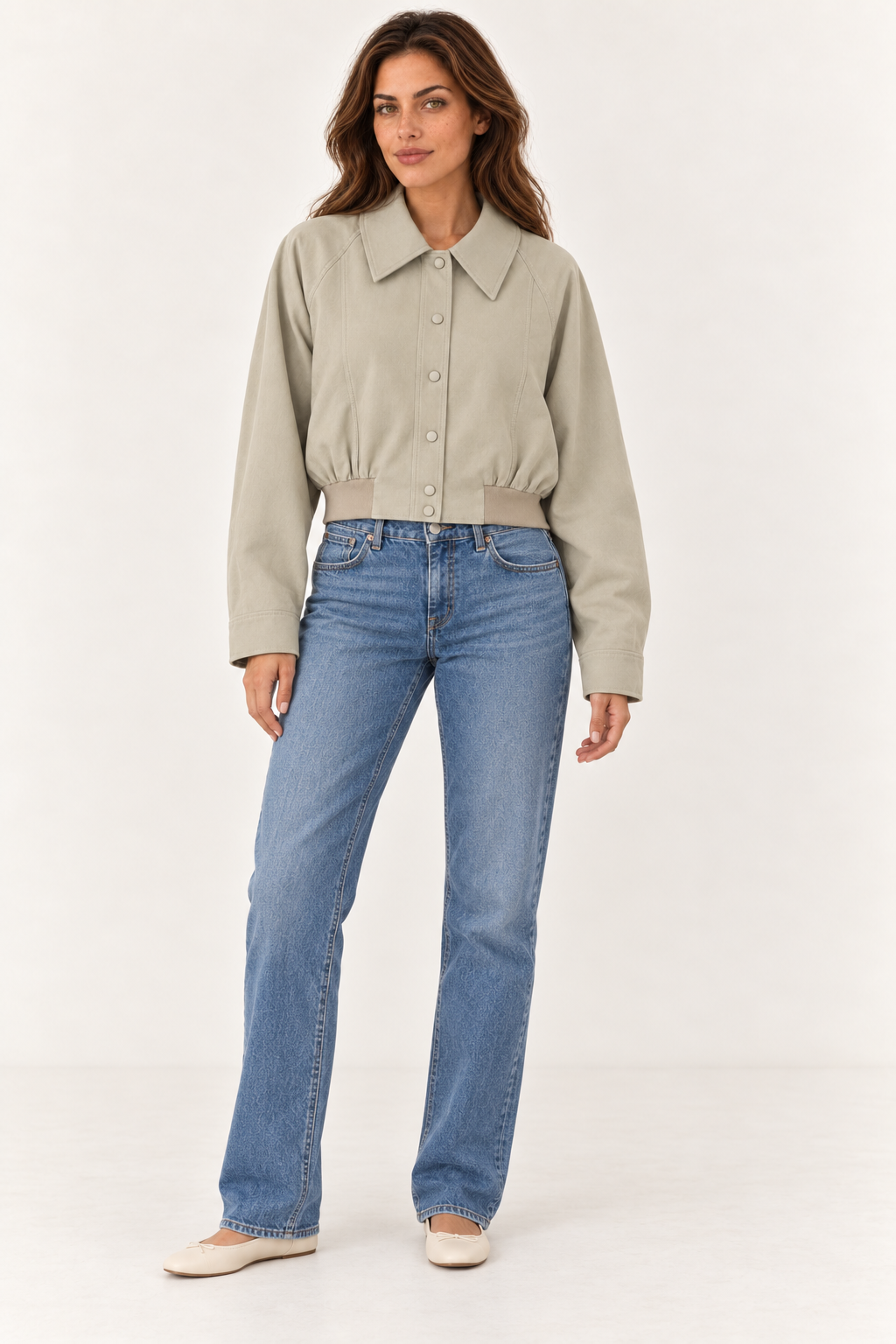 Model wearing the YAYA Point Collar Cropped Jacket in Khaki Green, full length view