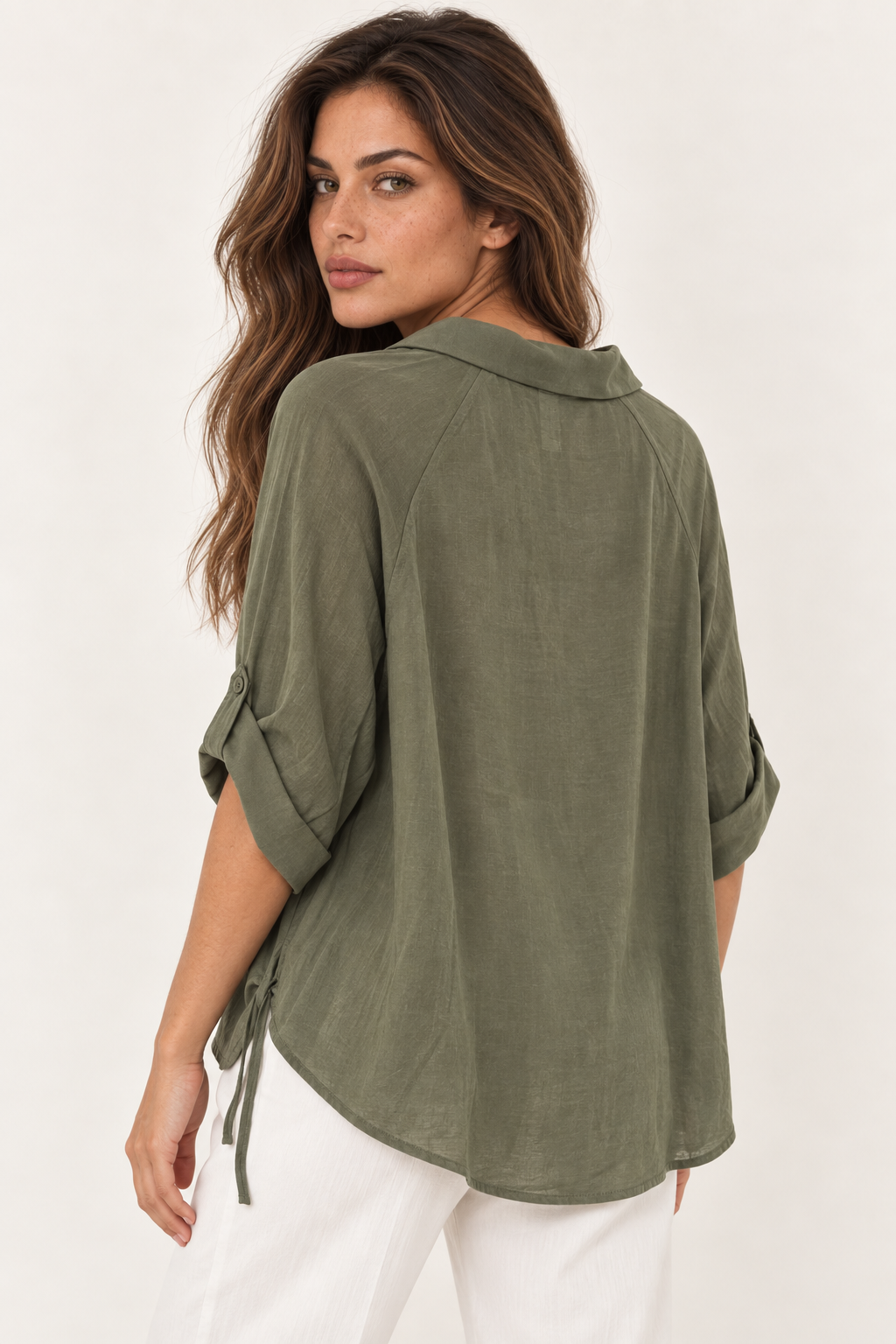 Model wearing the YAYA Open Collar Top with Pleated Sleeves in Army Green, back view #Colour_Army Green