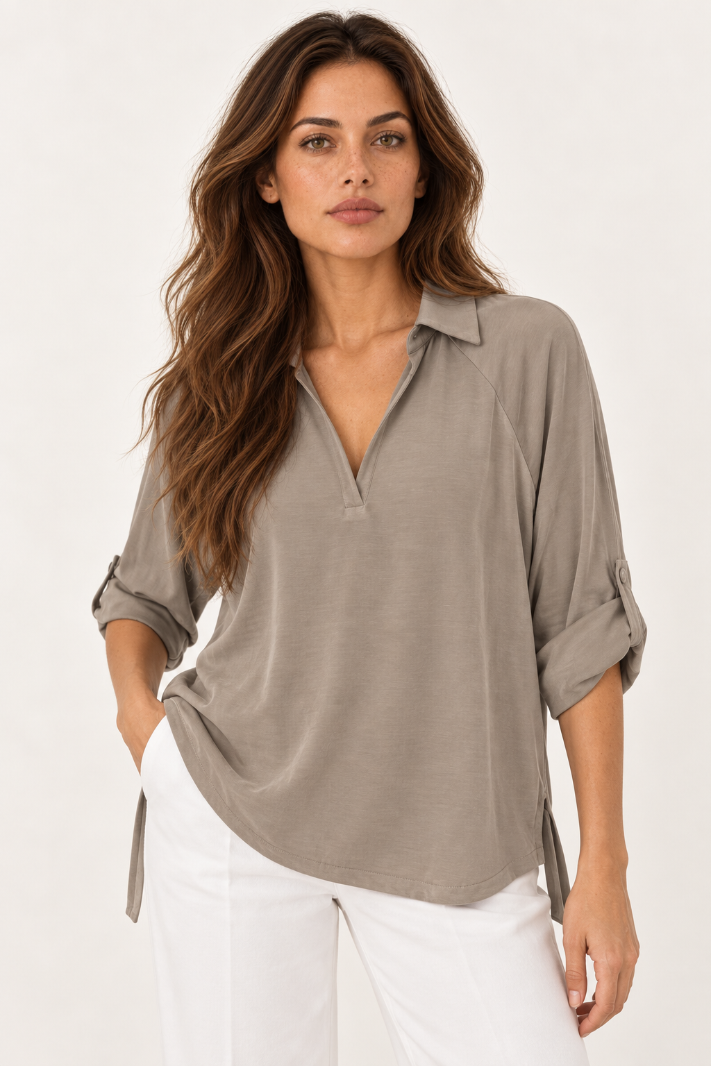 Model wearing the YAYA Open Collar Top with Pleated Sleeves in Crockery Brown, front view #Colour_Crockery Brown