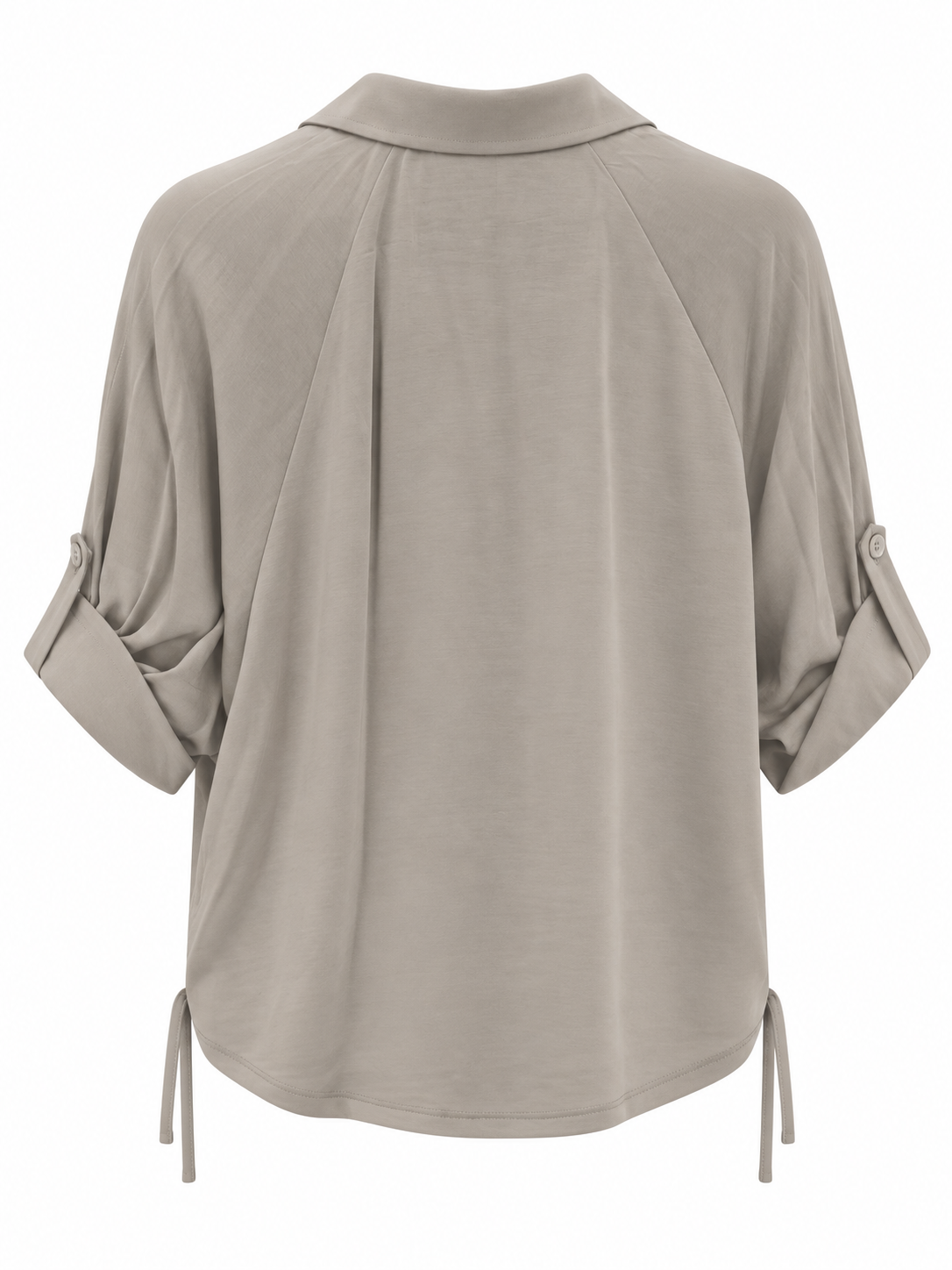 YAYA Open Collar Top with Pleated Sleeves in Crockery Brown, flat back view showing the side tie at the hem #Colour_Crockery Brown