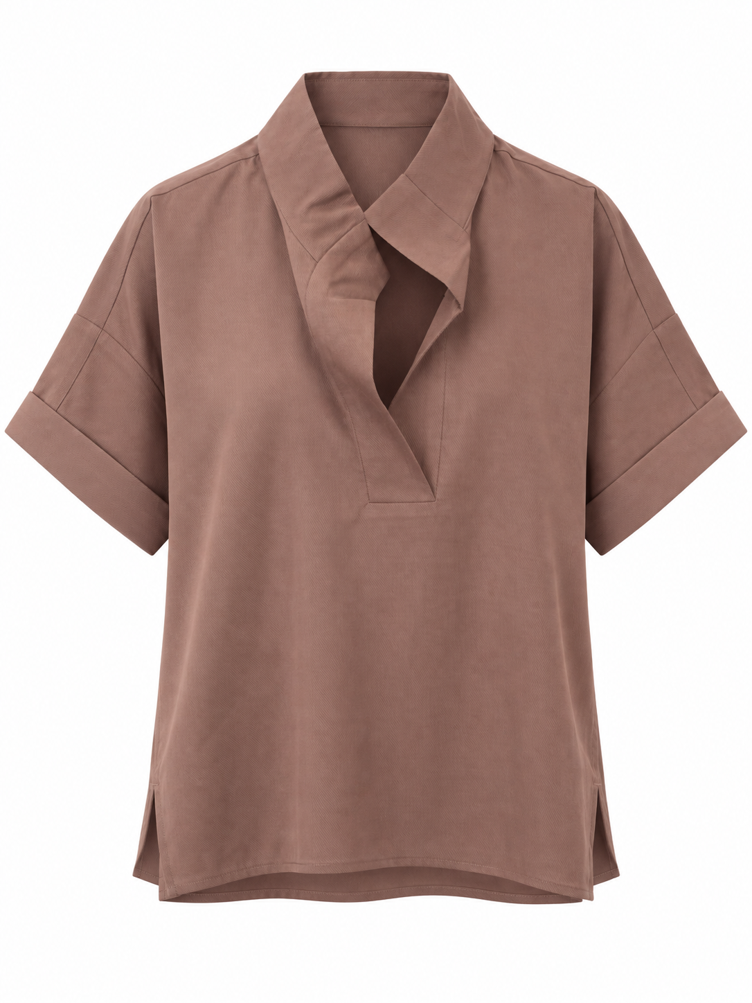 YAYA Lyocell Linen Top with Notched Collar in Brownie Brown, flat front view showing the stand collar and deep V opening #Colour_Brownie Brown