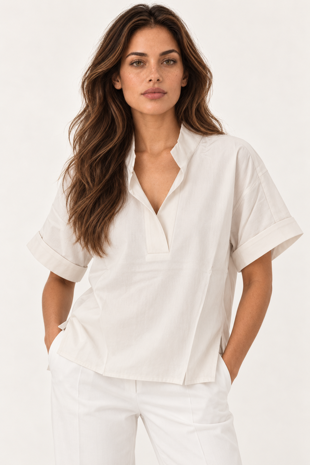Model wearing the YAYA Lyocell Linen Top with Notched Collar in Cloud Creme White, front view #Colour_Cloud Creme White