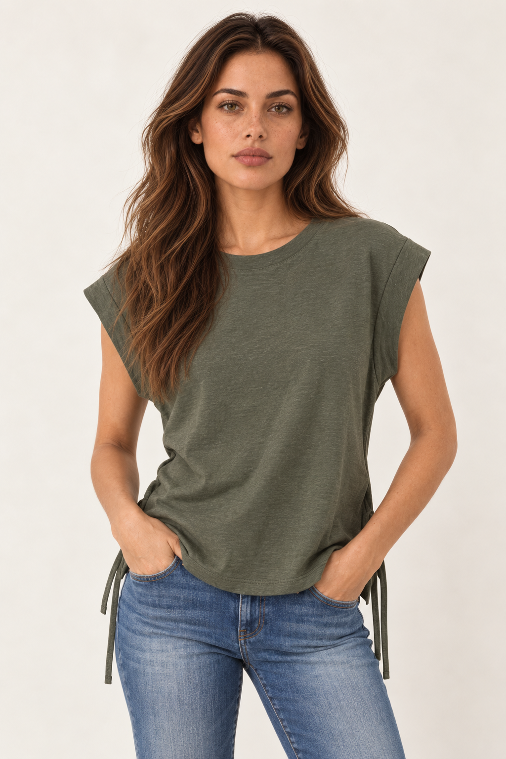 Model wearing the YAYA Cuffed Shoulder Top with Side Drawcords in Army Green, front view #Colour_Army Green