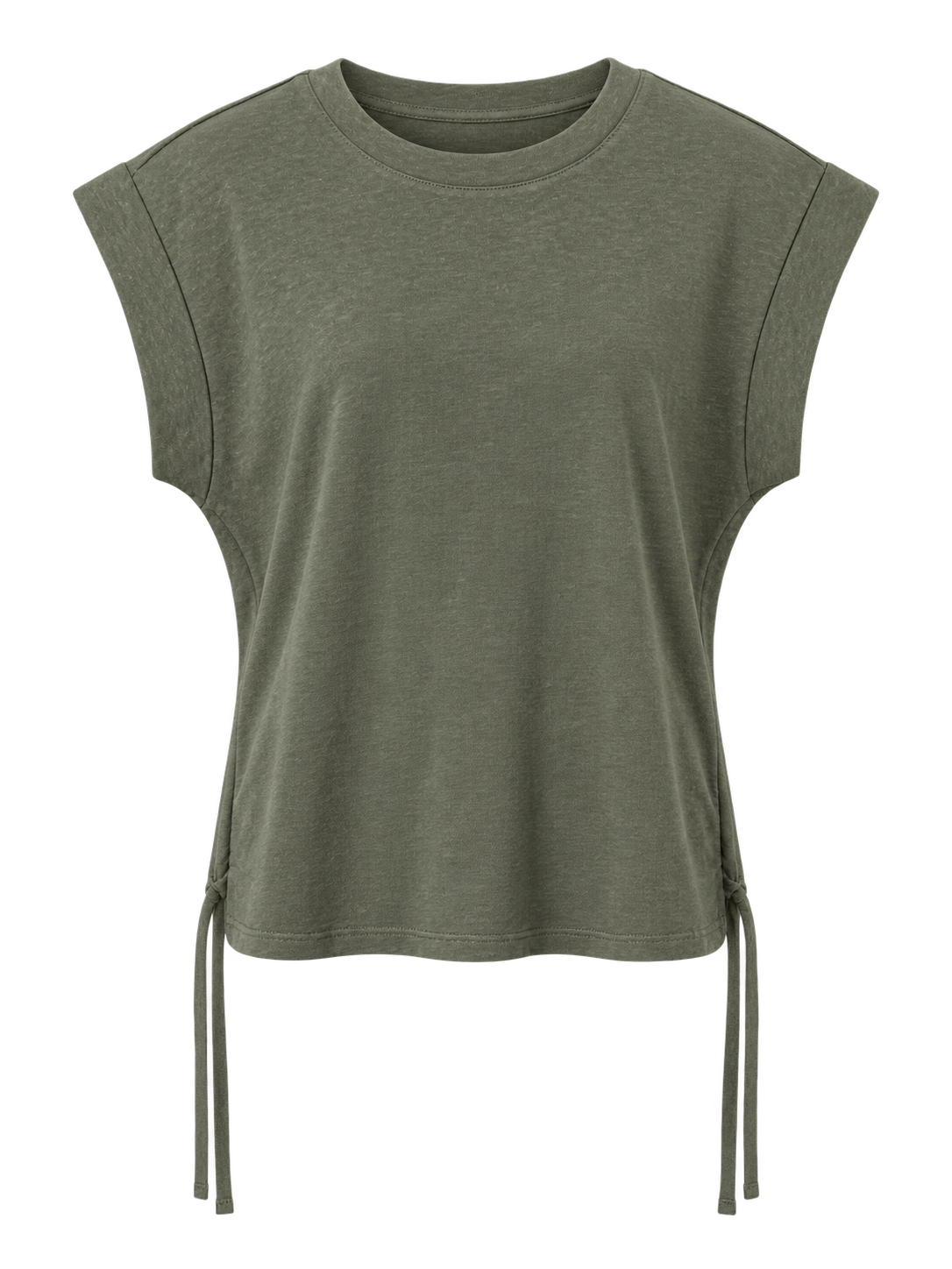 YAYA Cuffed Shoulder Top with Side Drawcords in Army Green, flat front view showing the cuffed shoulder and bound crew neck #Colour_Army Green