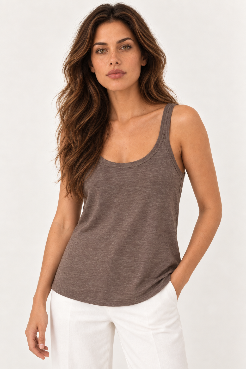 Model wearing the YAYA Fine Jersey Singlet with Mesh Trim in Washed Brown, front view #Colour_Washed Brown