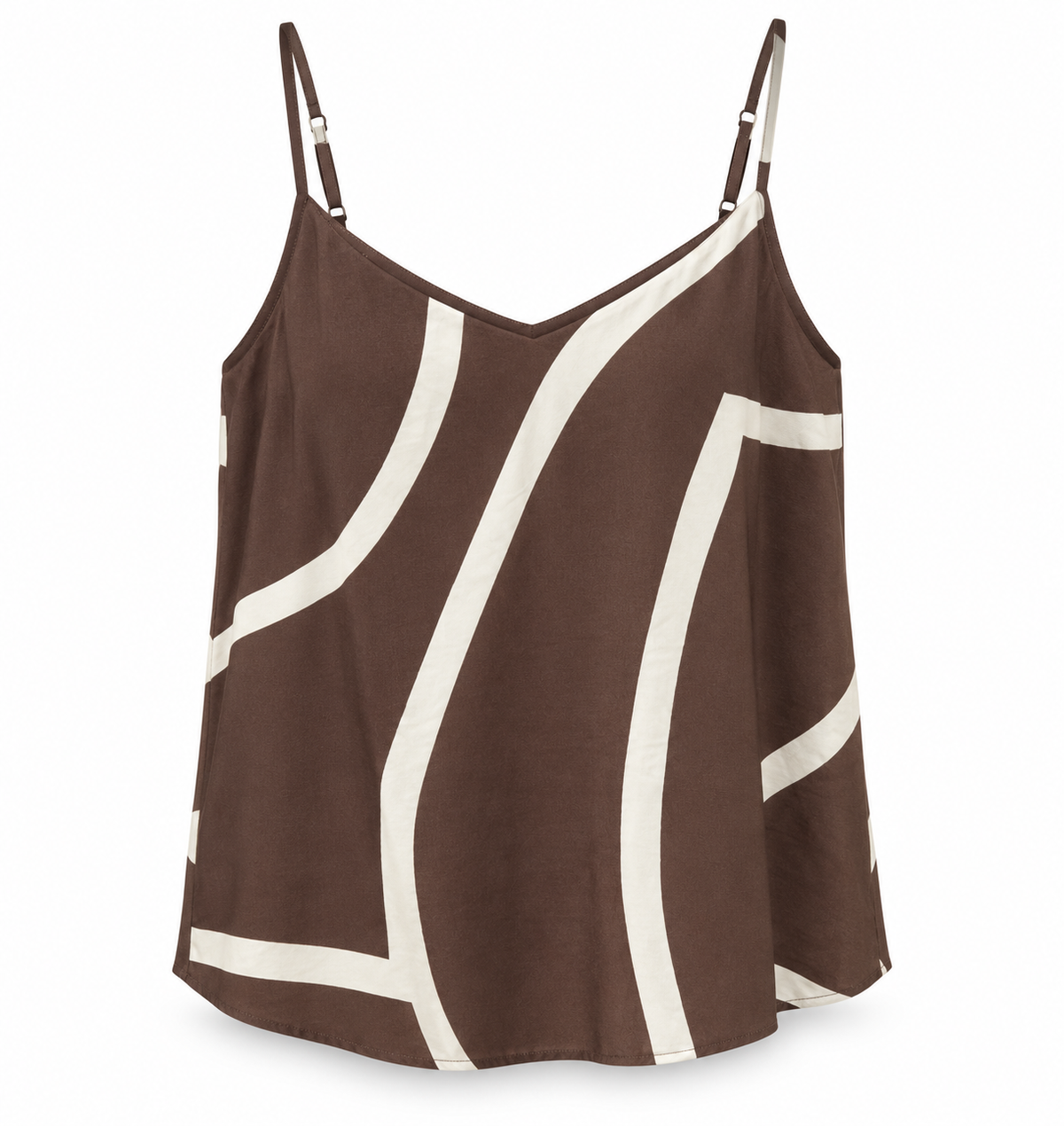 YAYA Abstract Line Print Cami in Chocolate Martini Brown, flat front view showing the V neckline and cream line print #Colour_Chocolate Martini Brown