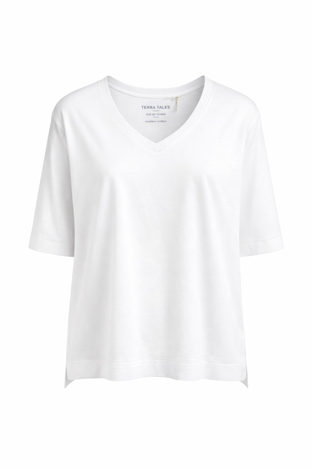 Ecru cotton V-neck short sleeve tee with relaxed fit by Yarra Trail
