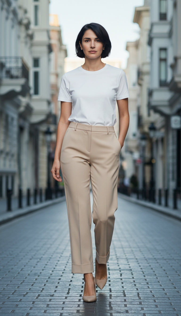 Model wearing Andam beige tailored trousers styled with a white t-shirt in a classic city street setting