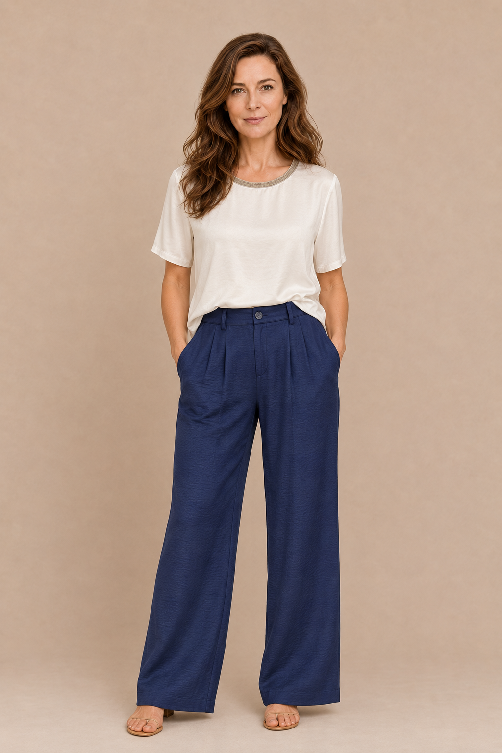 Model wearing the Andam navy pleated wide leg satin pants with the Crudo blouse, front view