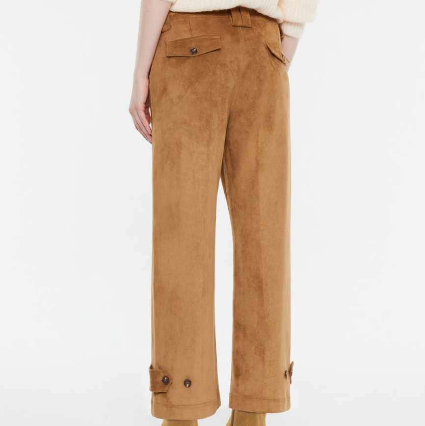 Back view of Andam camel suede-effect trousers with flap pockets