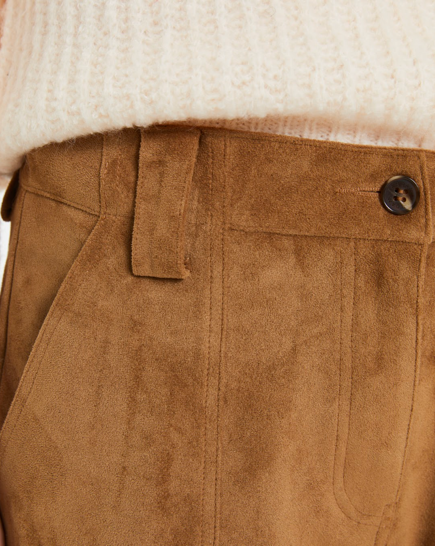 Detail of camel suede-effect fabric and tailored seam on Andam pants