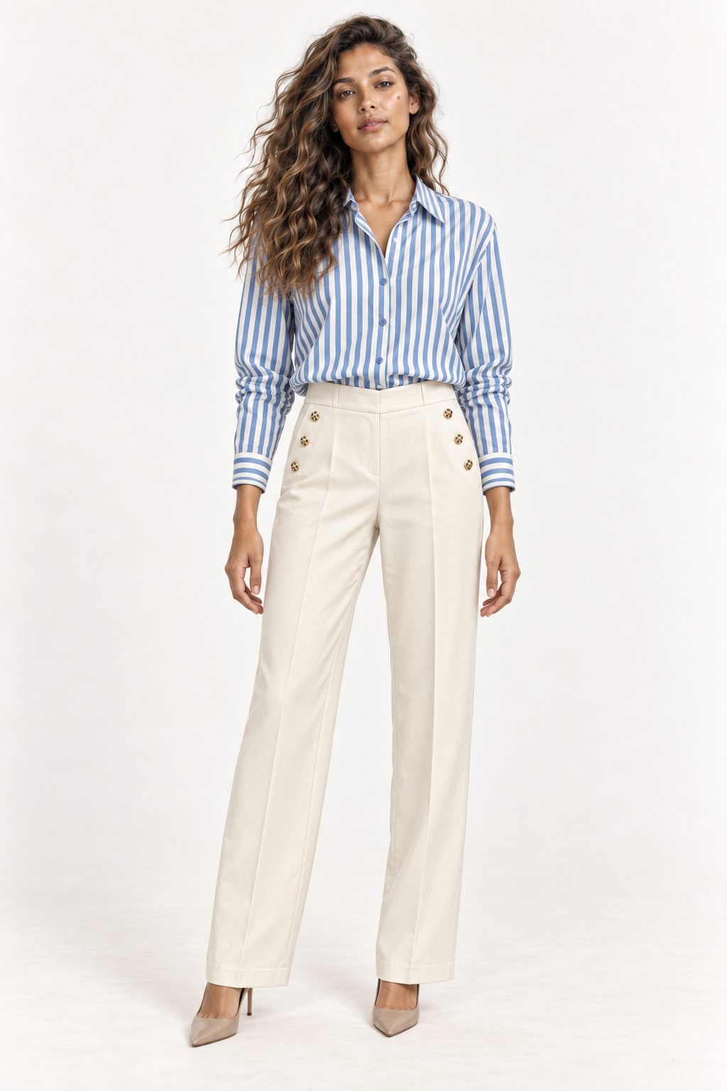 Andam | Tapered Pants with Gold Sailor Buttons in Cream