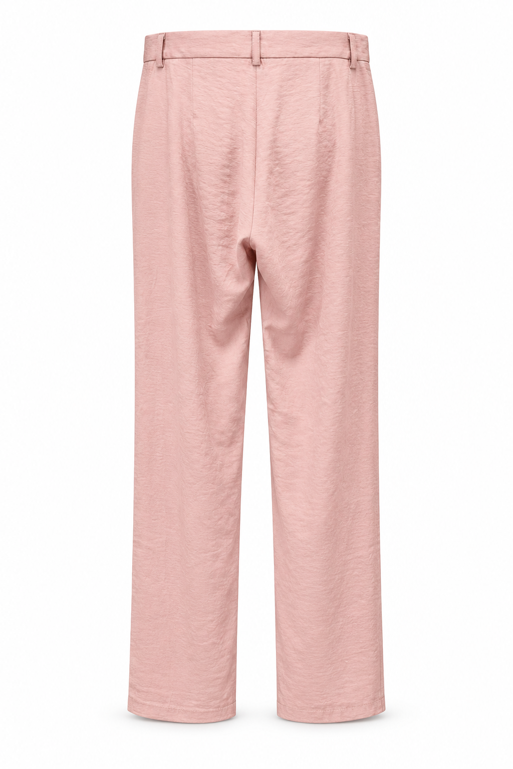 Andam pink crinkled viscose flared pants, back view showing the flat seat and the leg opening from the knee
