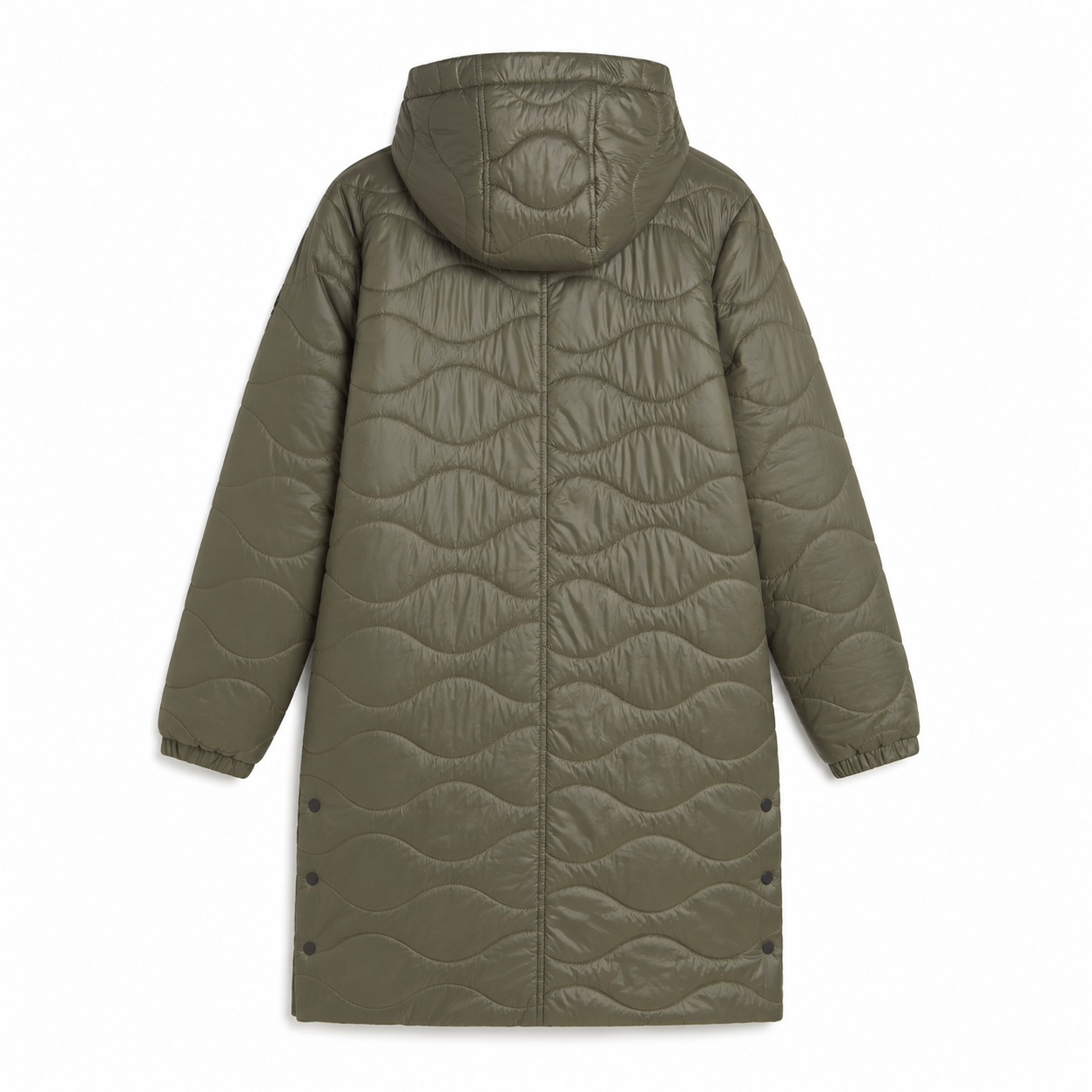 Andam khaki quilted parka with hood, wave quilting, oversized utility pockets and longline silhouette