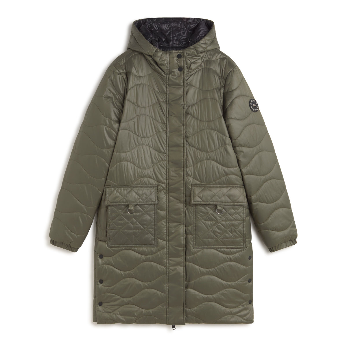 Andam khaki quilted parka with hood, wave quilting, oversized utility pockets and longline silhouette