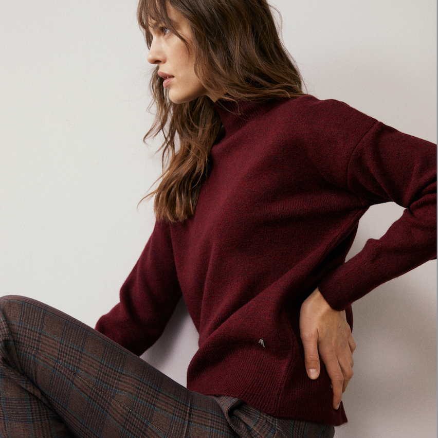 ANDAM burgundy roll neck jersey with a relaxed fit and long sleeves.