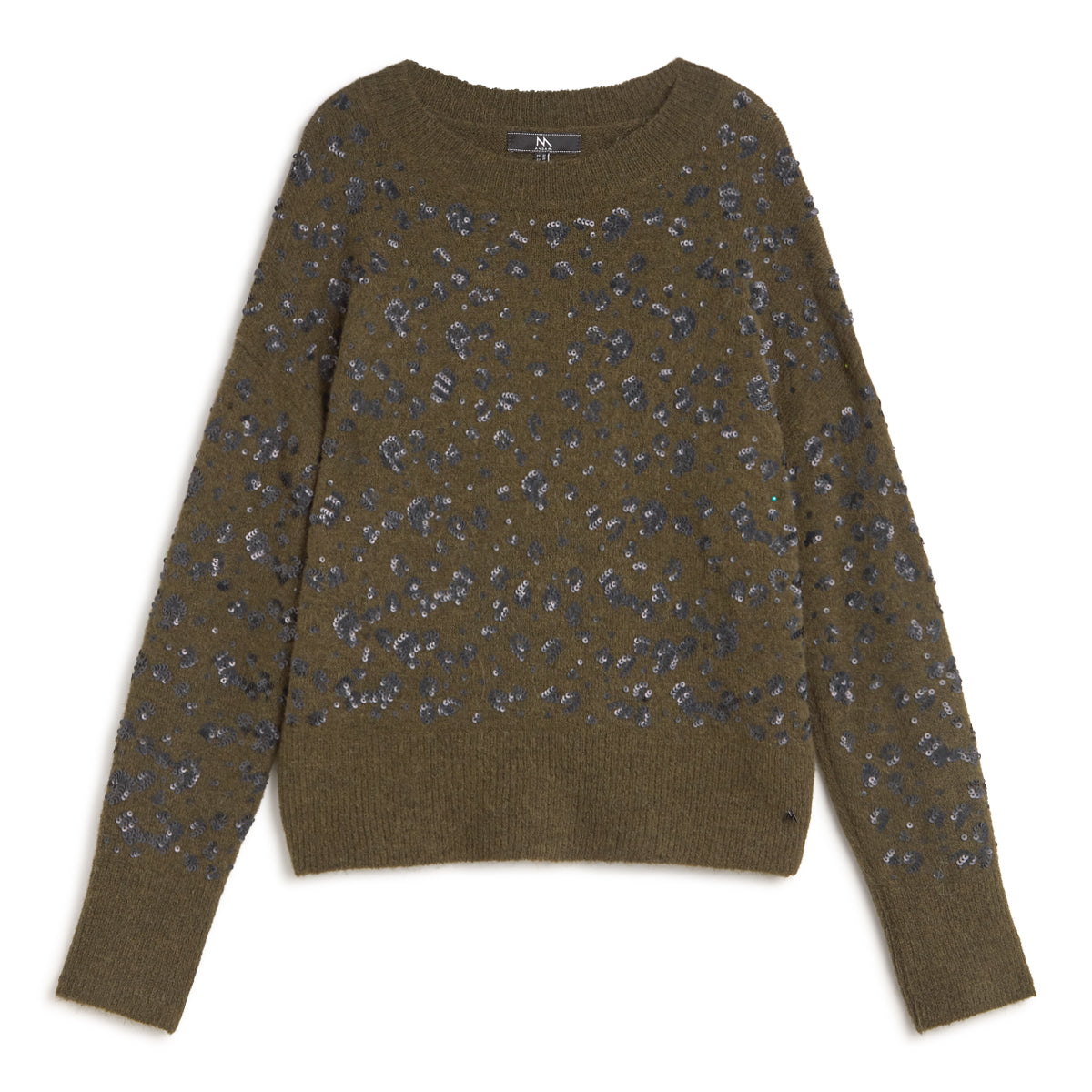 Andam khaki soft knit jersey featuring all-over black sequin embellishment and a relaxed crew neck silhouette.