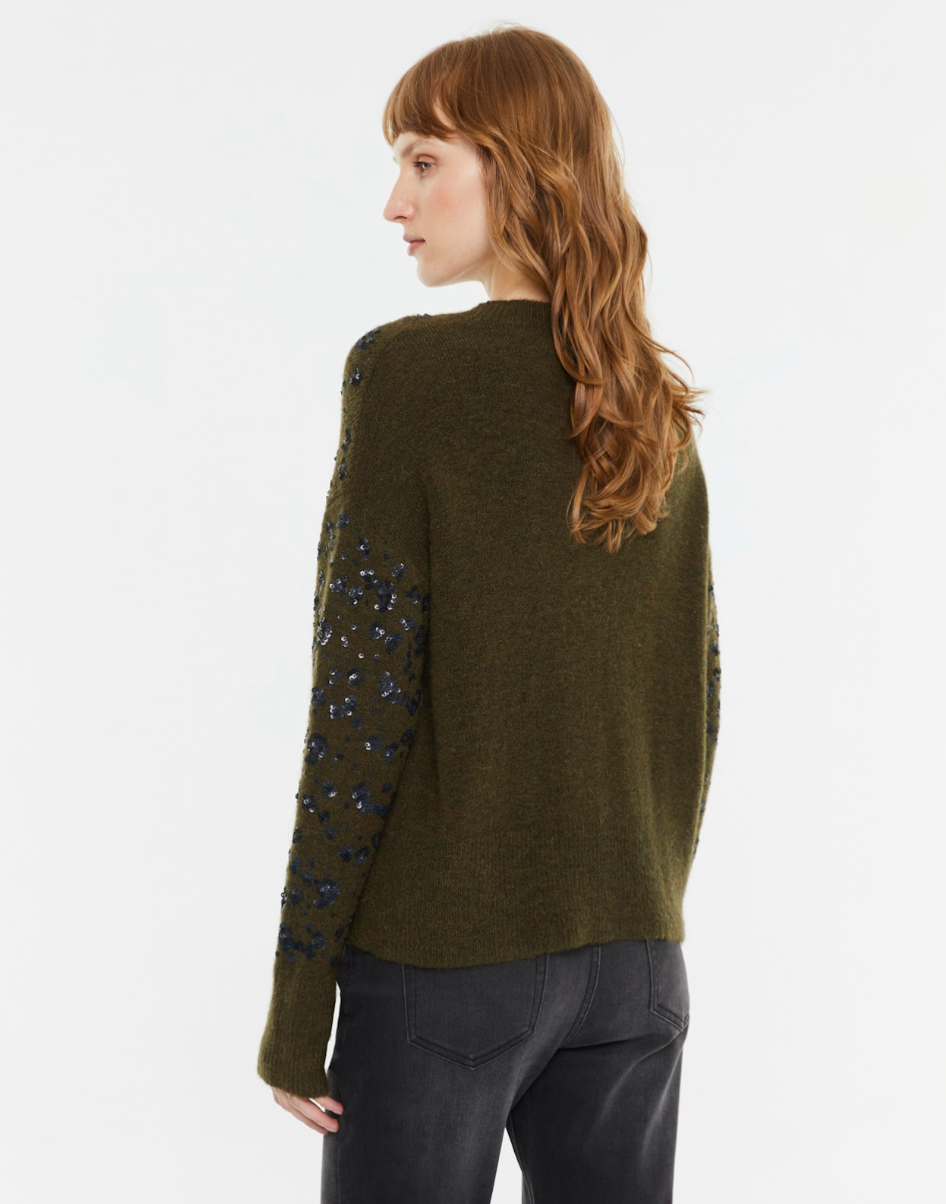 Back view of the Andam sequin knit jumper in khaki with long sleeves and a relaxed fit.