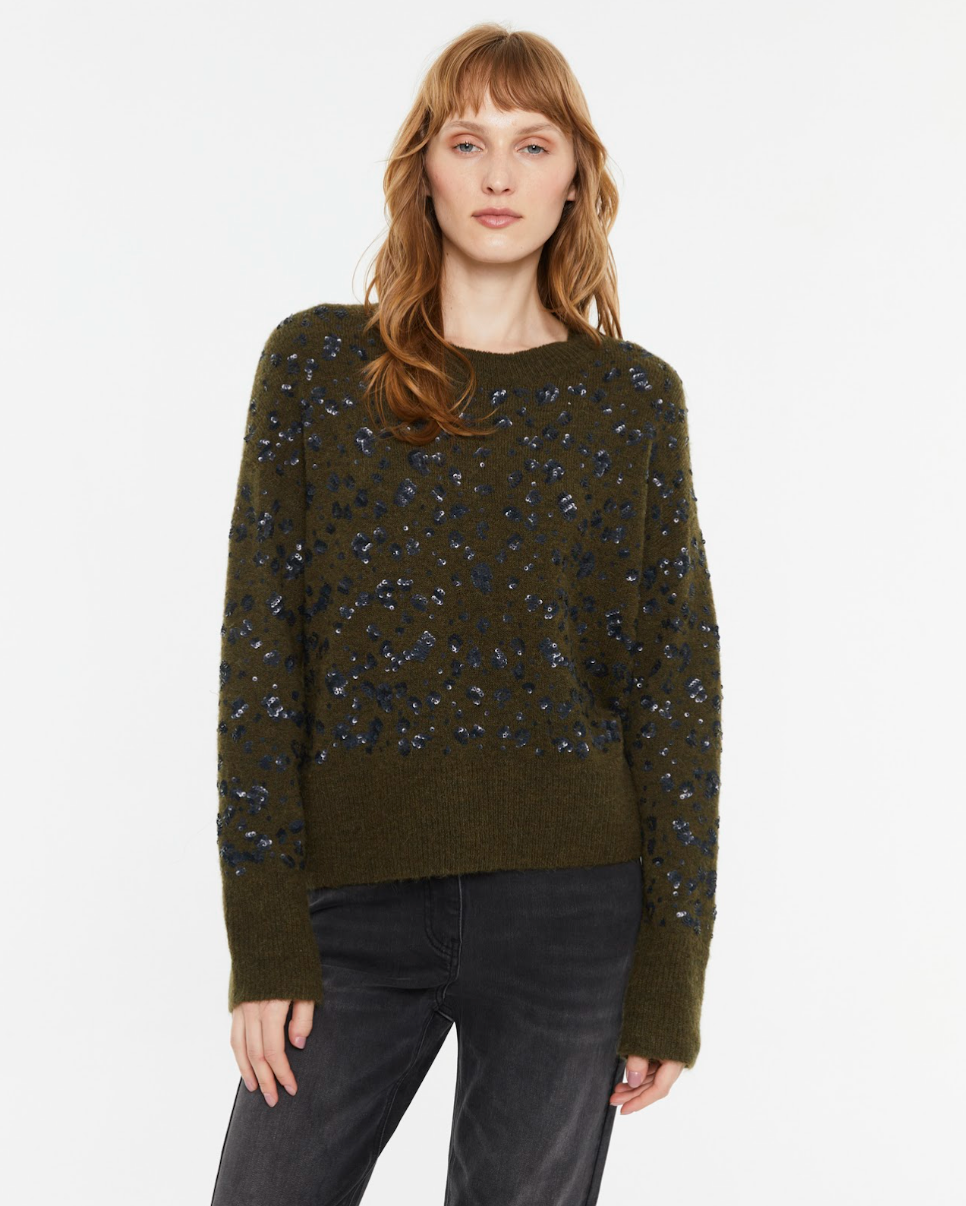 Front view of the Andam sequin knit jumper in khaki featuring an all-over black sequin embellishment and soft brushed knit.