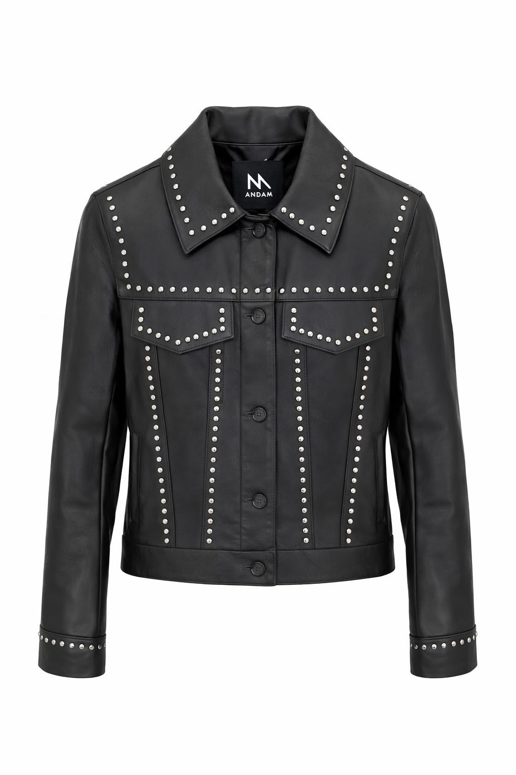 ANDAM black studded jacket with button front, collar and metallic detailing