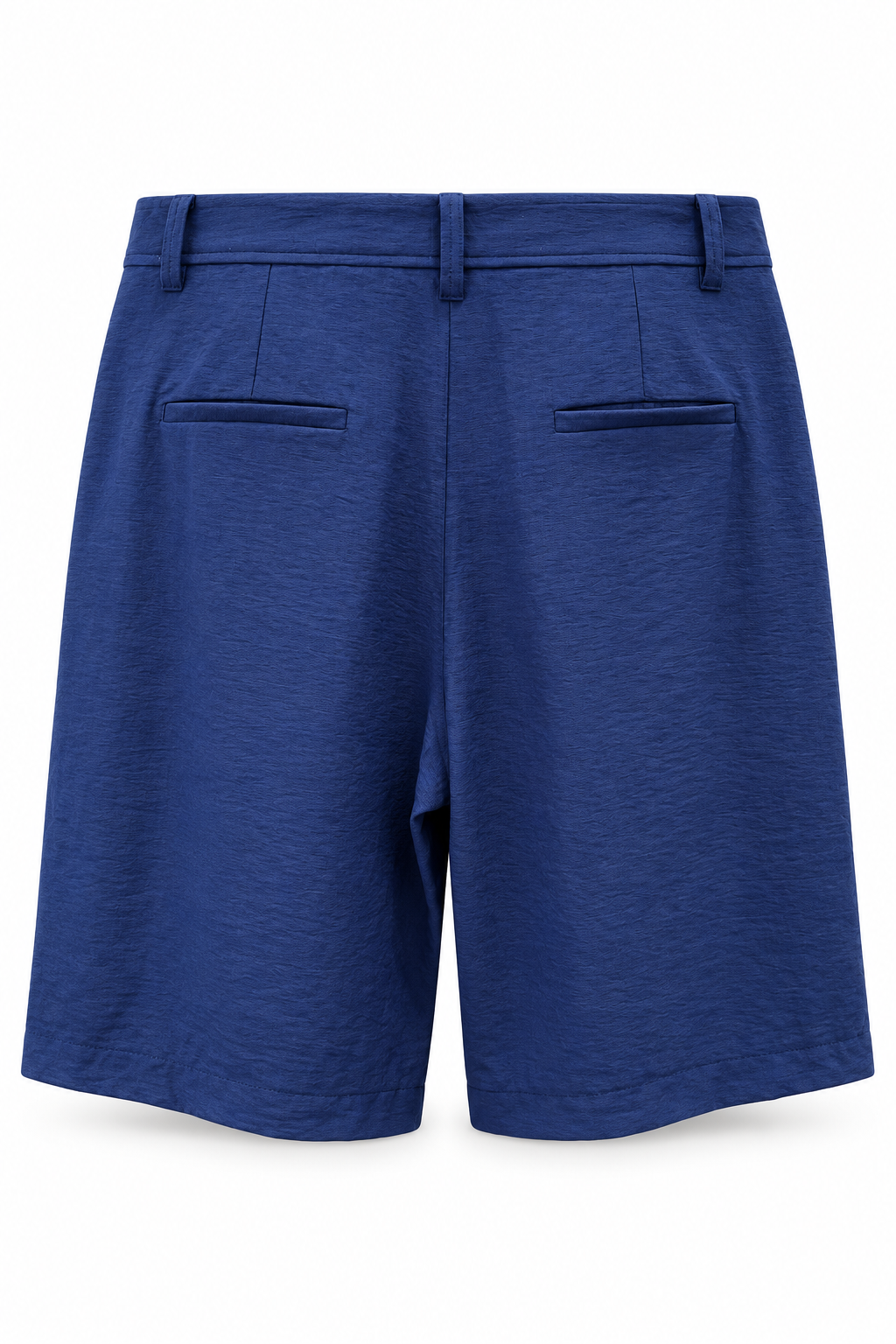 Andam navy pleated shorts, back view showing the two welt pockets and belt loops