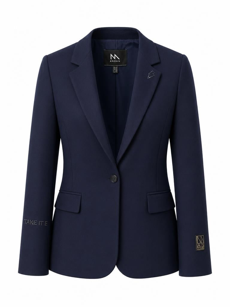 ANDAM navy blue tailored blazer with single button closure and structured fit