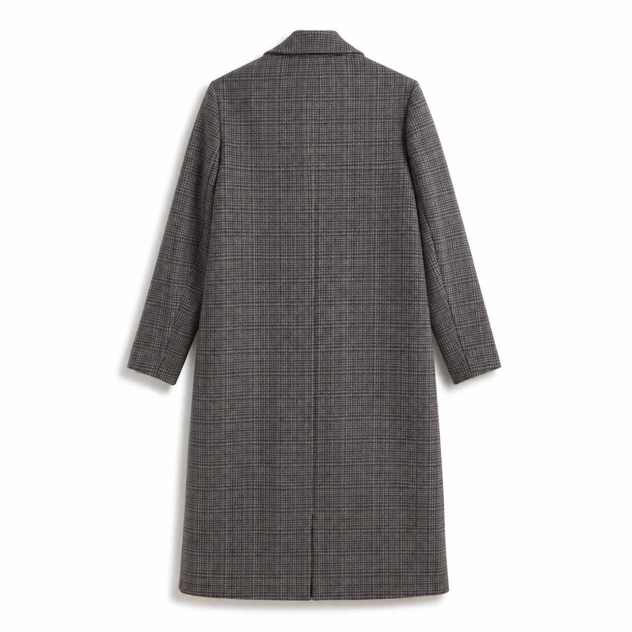 Andam tailored longline coat in grey check with lapel collar, button-front closure and classic structured silhouette