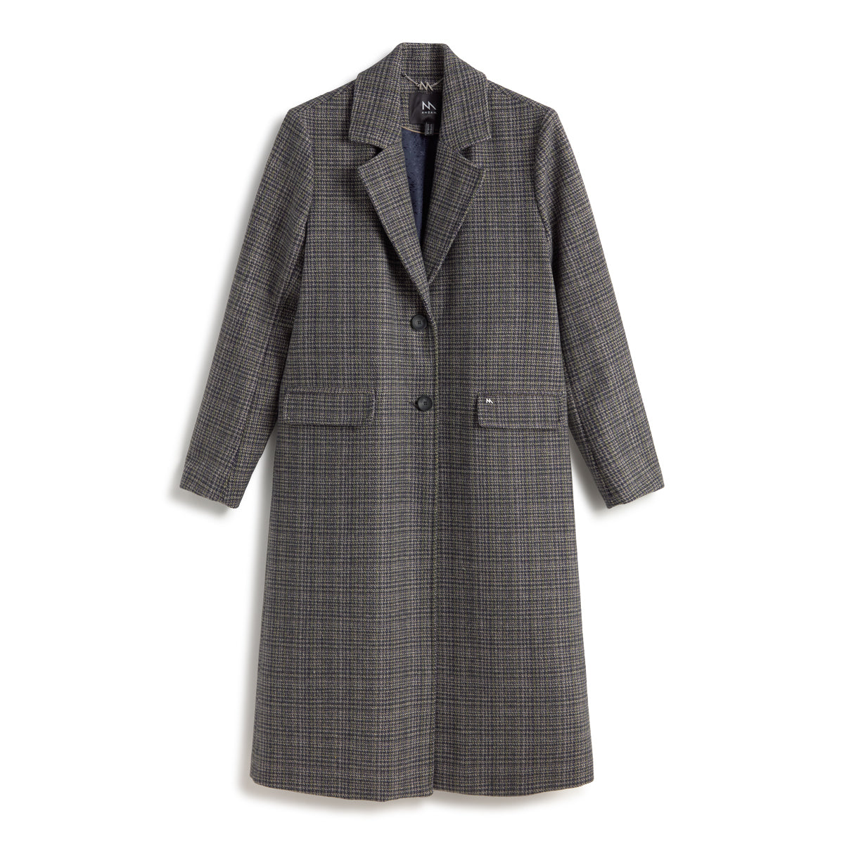 Andam tailored longline coat in grey check with lapel collar, button-front closure and classic structured silhouette
