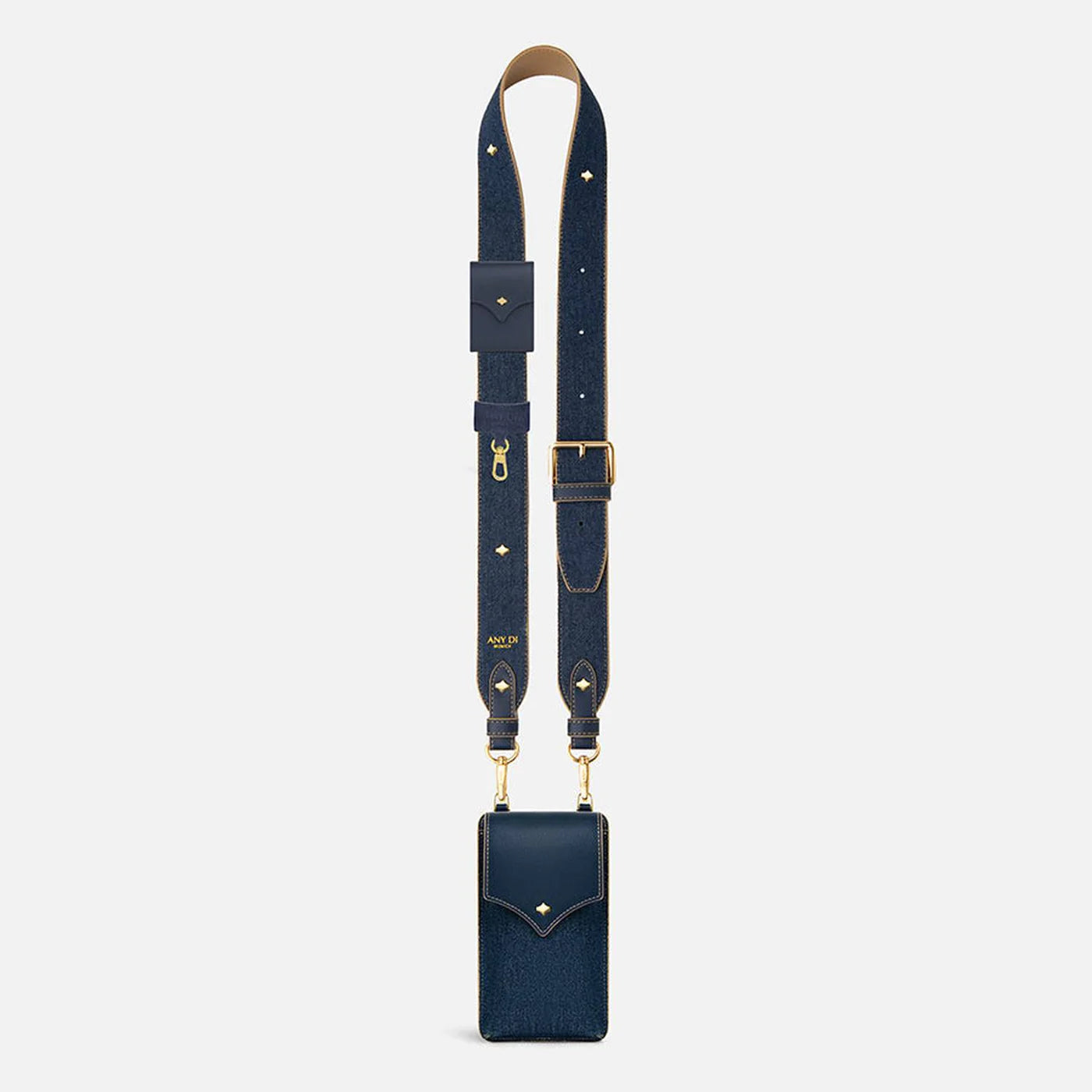 ANY DI denim blue leather phone strap set with detachable pouch and gold hardware