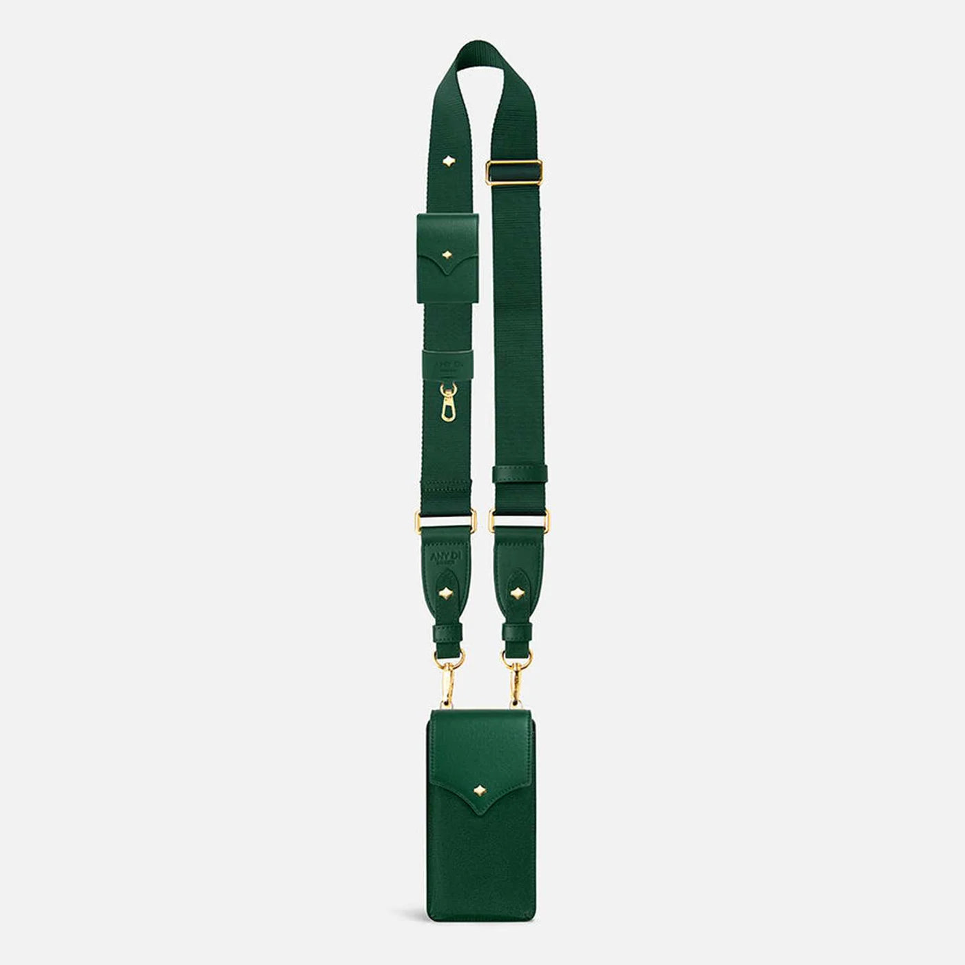 ANY DI forest green nylon phone strap set with detachable pouch and gold hardware