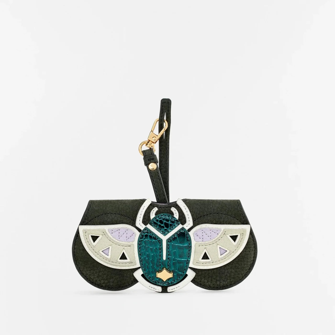 ANY DI SunCover in Scarabeus featuring a handcrafted scarab design in premium leather with gold hardware, front view.