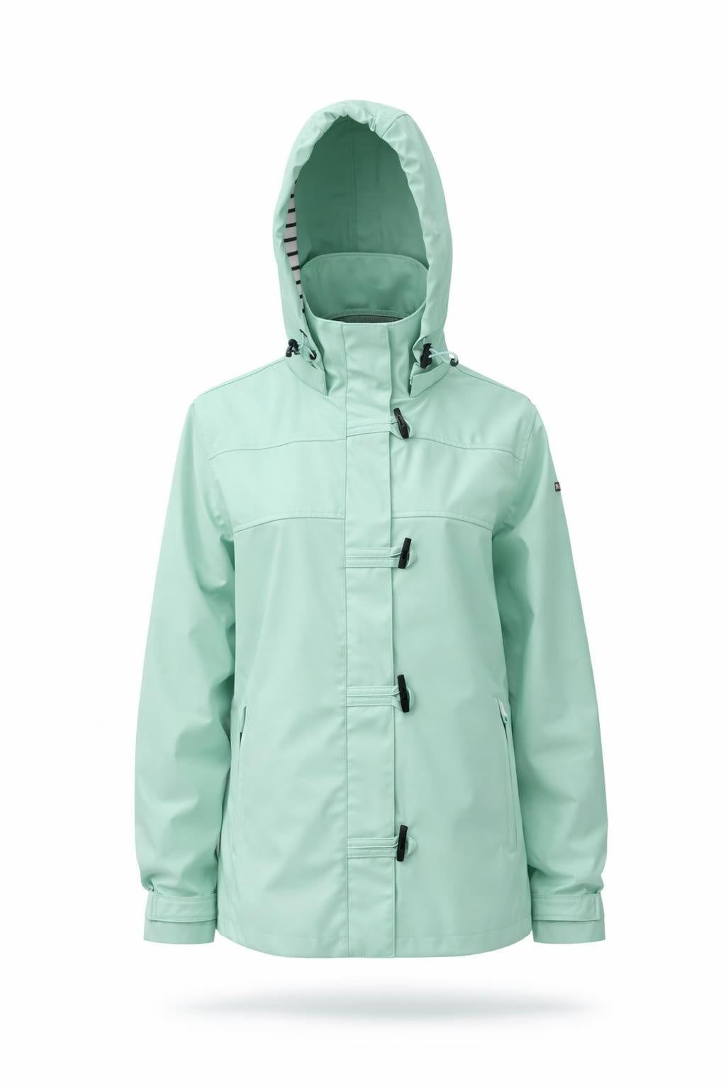 Batela women’s waterproof rain jacket in mint with hood front view