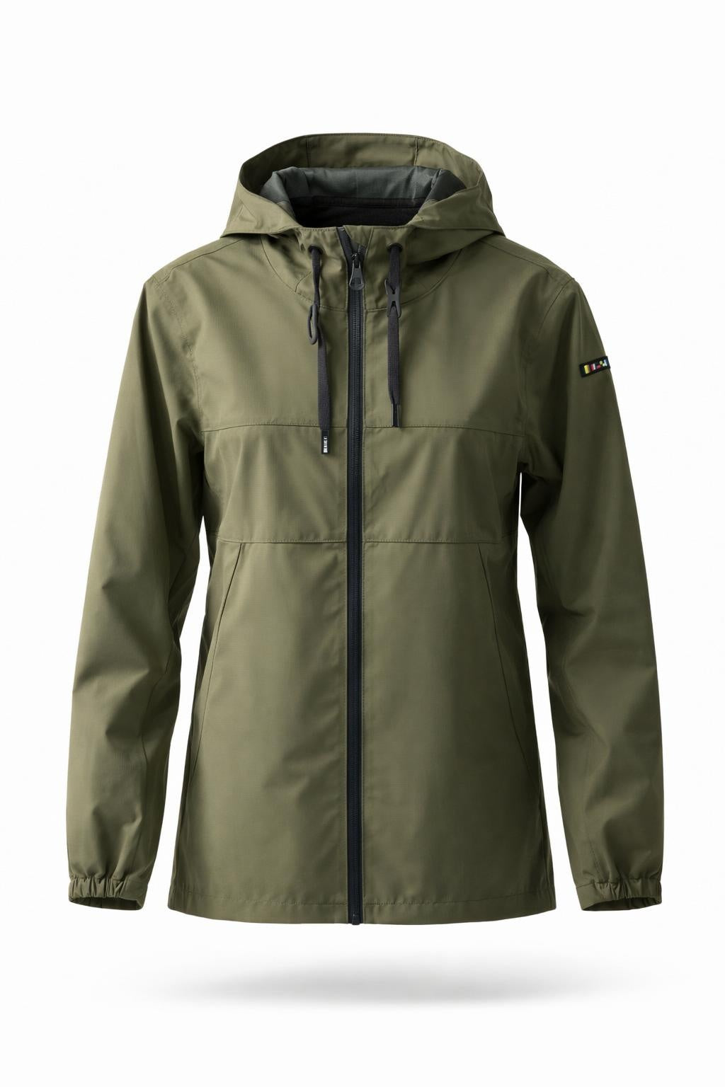 Batela women’s waterproof jacket in khaki with hood front view