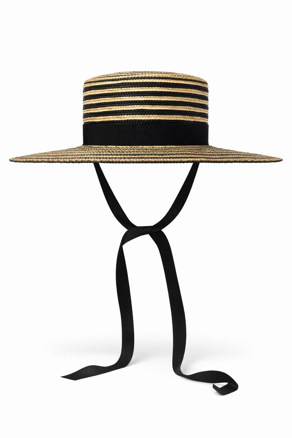 Billie stripe hat in wheat straw natural and black wide brim straw hat with ribbon ties